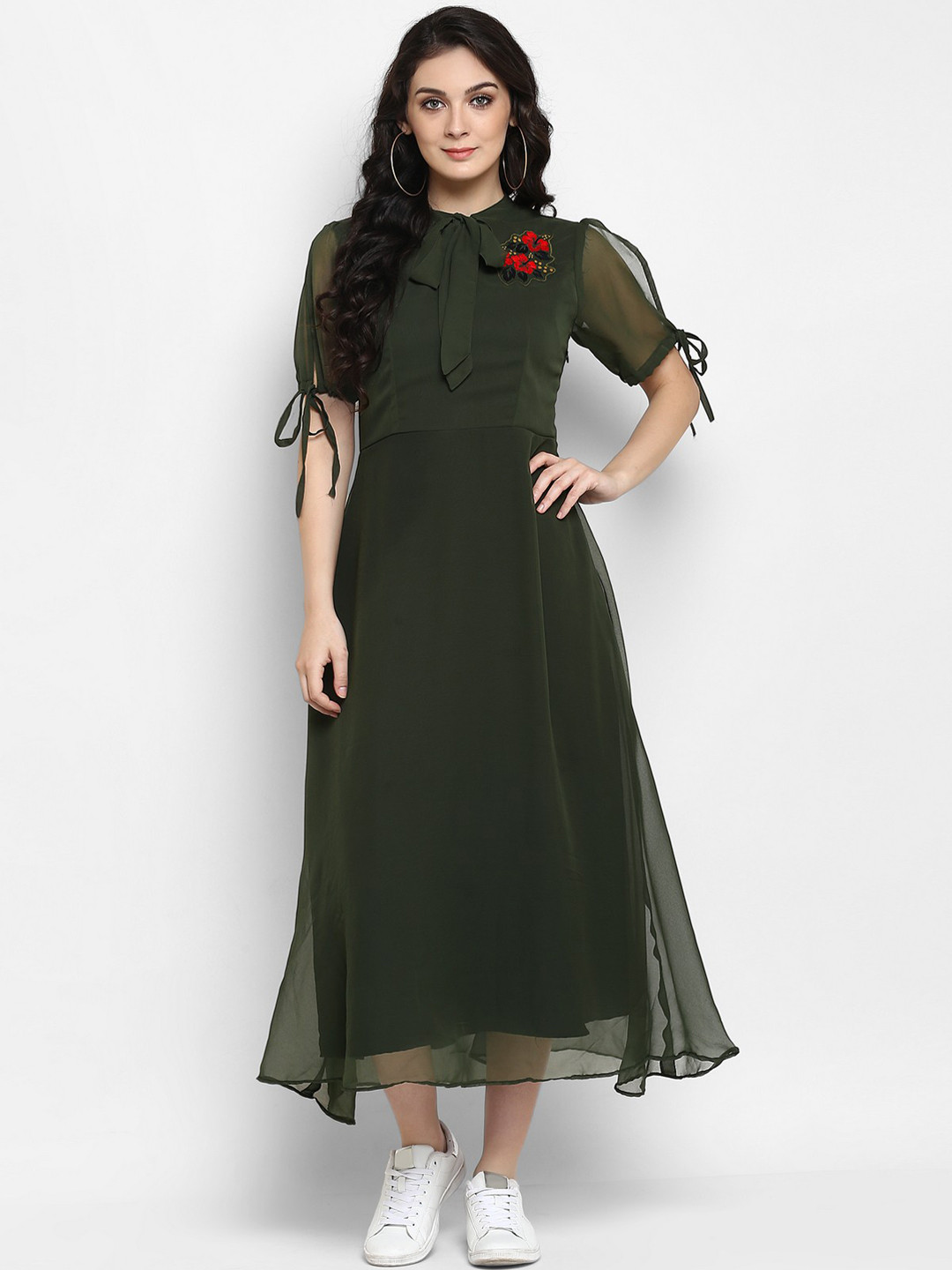 Buy Zima Leto Women Olive Green Solid Fit And Flare Dress With Embroidered Detail - Dresses for 