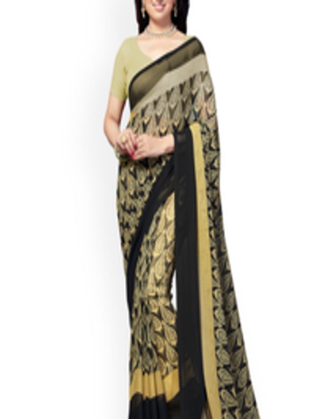 Buy Ishin Beige & Black Poly Georgette Printed Saree - Sarees for Women ...