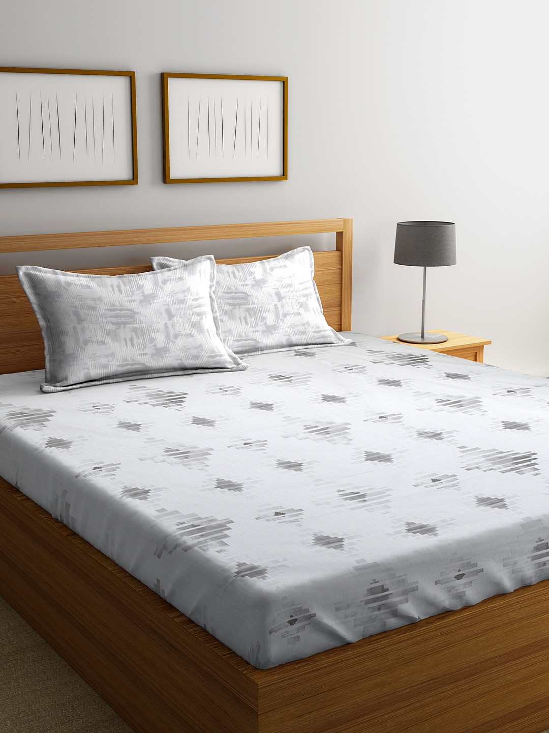 Buy SPACES White & Grey Geometric Flat 180 TC Cotton Double Bedsheet