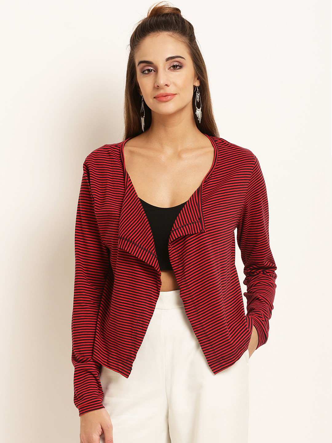 Buy RARE Red & Black Striped Open Front Shrug Shrug for Women 6637910 Myntra