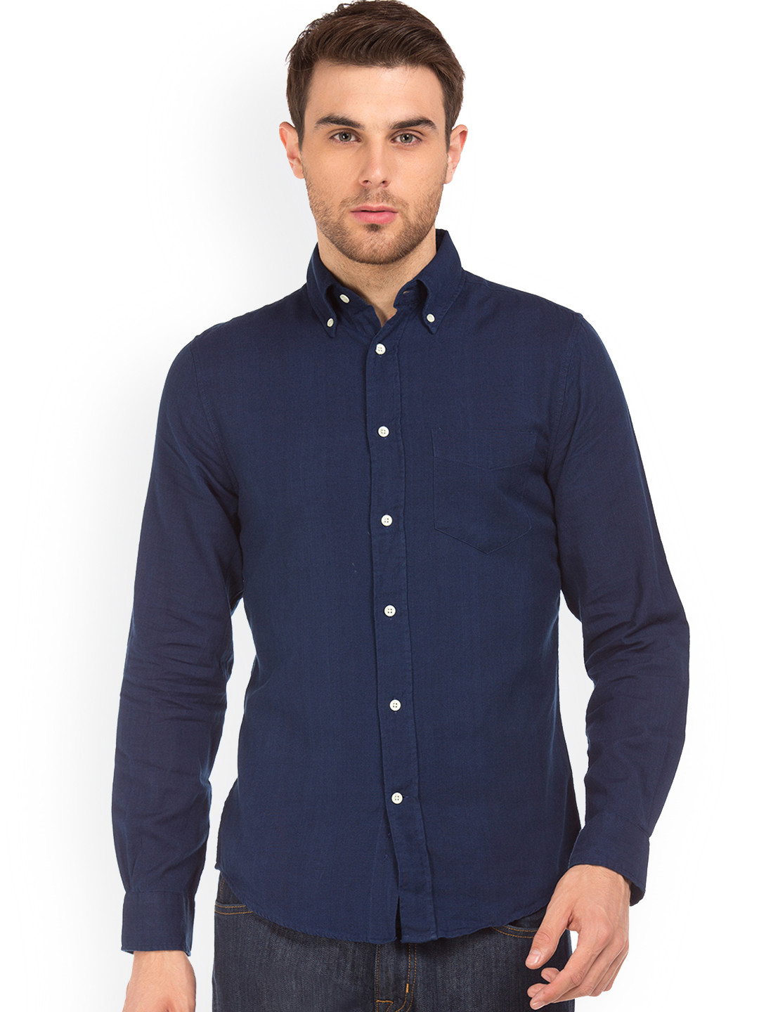 Gant Men Navy Blue Solid Button-down Collar Full Sleeves Shirt