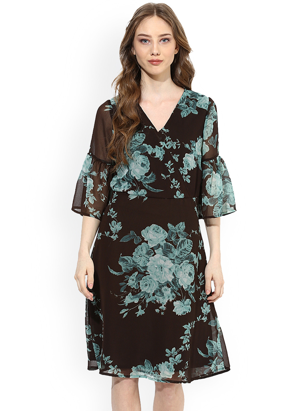 Buy Color Cocktail Brown Floral Wrap Dress Dresses for Women 6684352