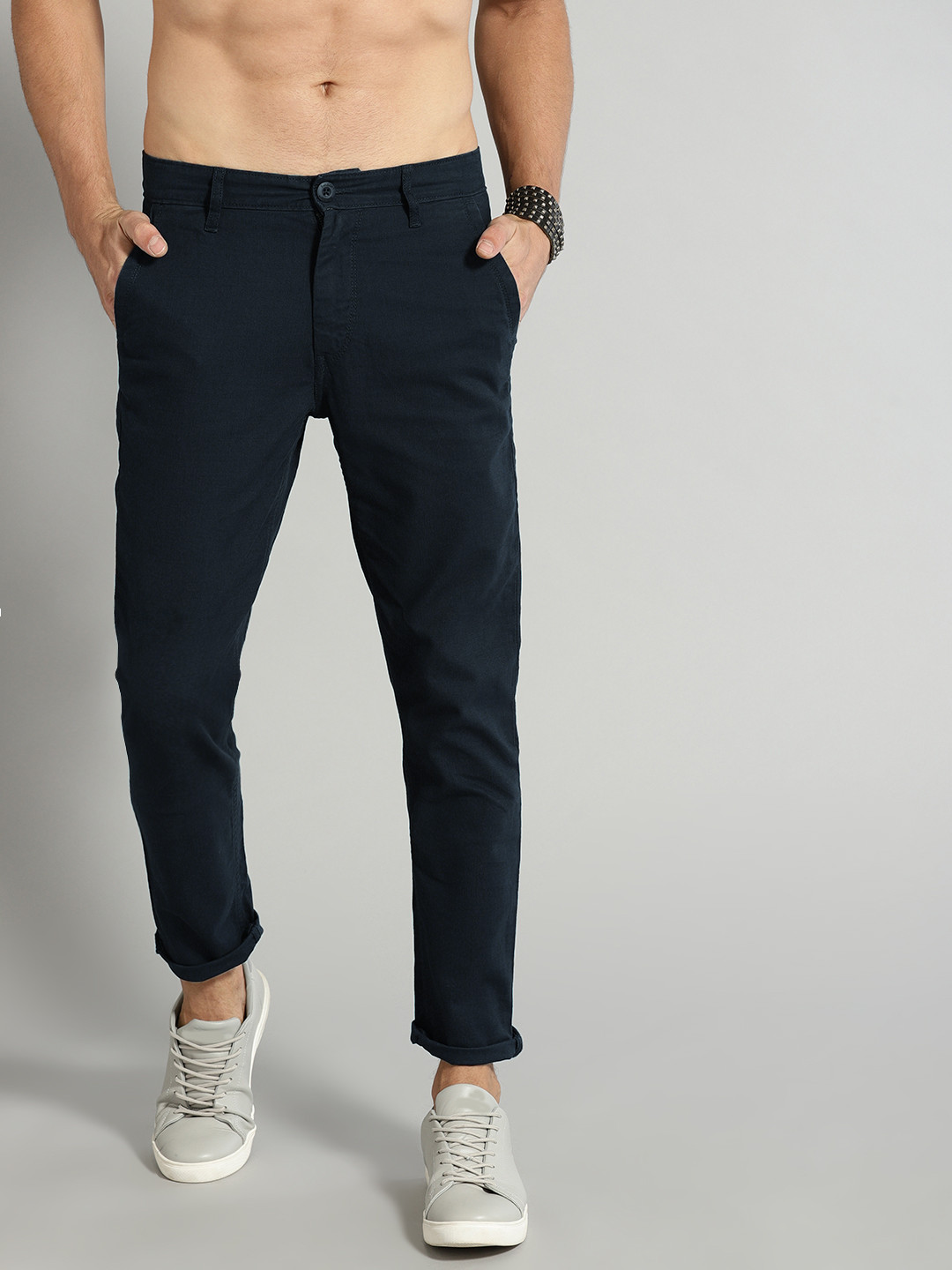 Buy Roadster Men Navy Blue Regular Fit Solid Regular Trousers ...