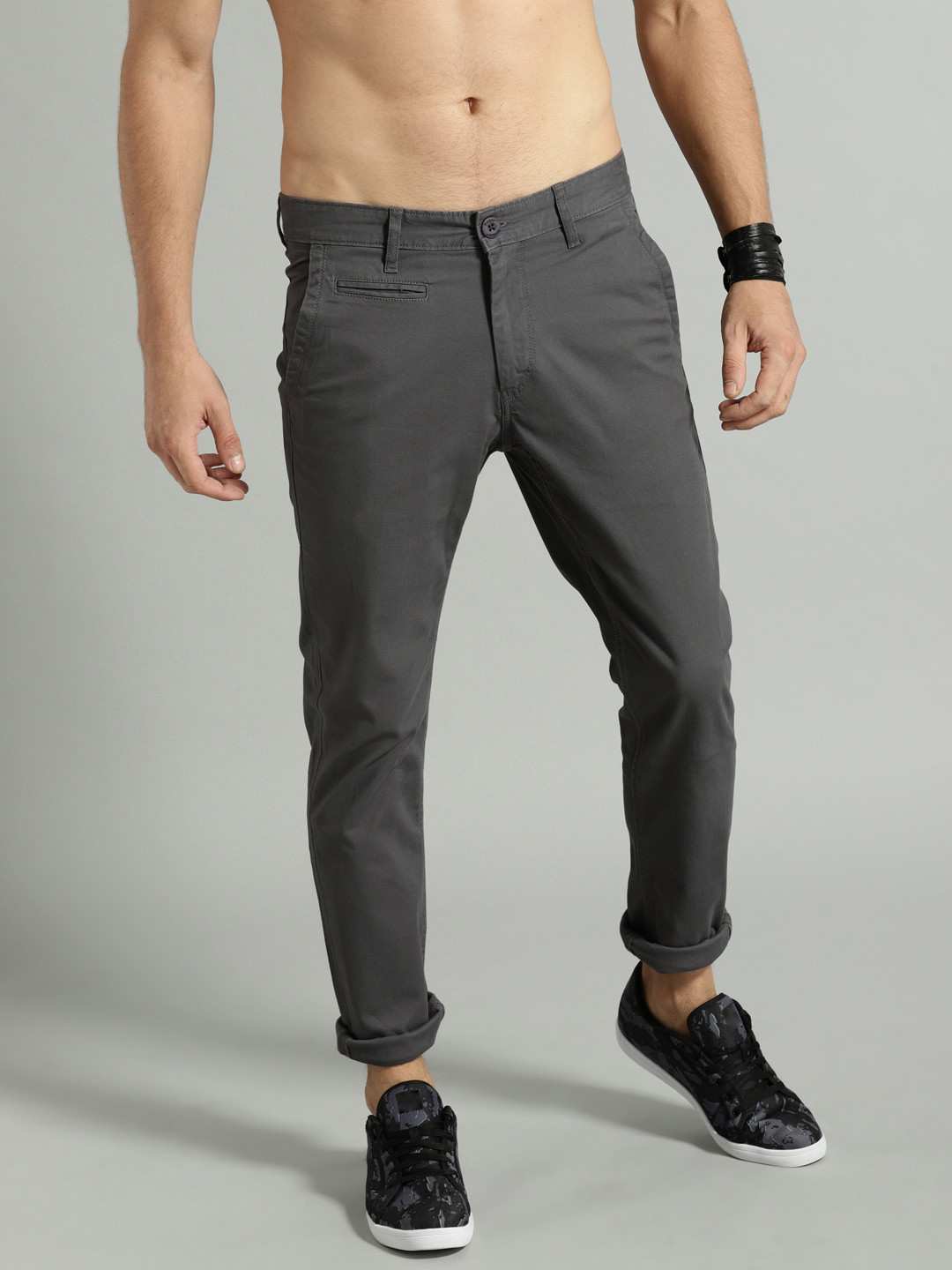 Buy Roadster Men Grey Regular Fit Solid Regular Trousers - Trousers for ...