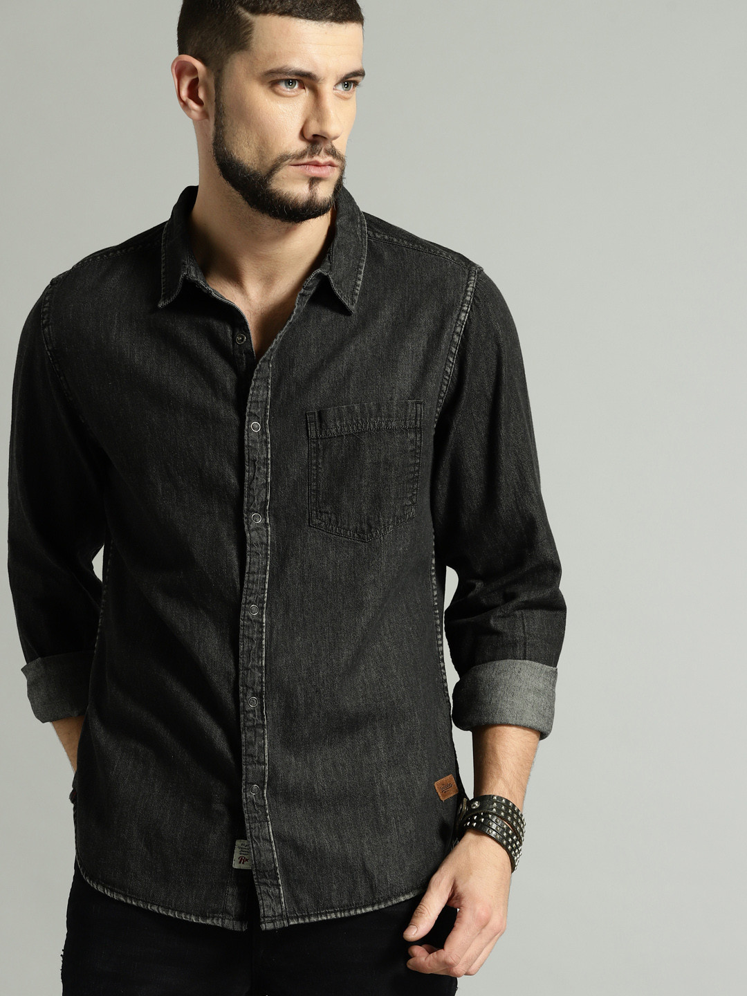 Buy Roadster Men Black Regular Fit Faded Casual Denim Shirt Shirts