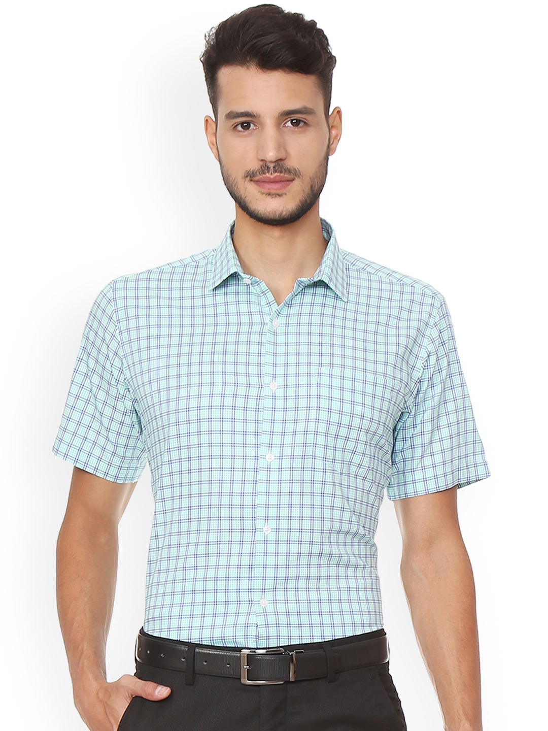 Buy Van Heusen Men Green & Blue Slim Fit Checked Formal Shirt - Shirts ...