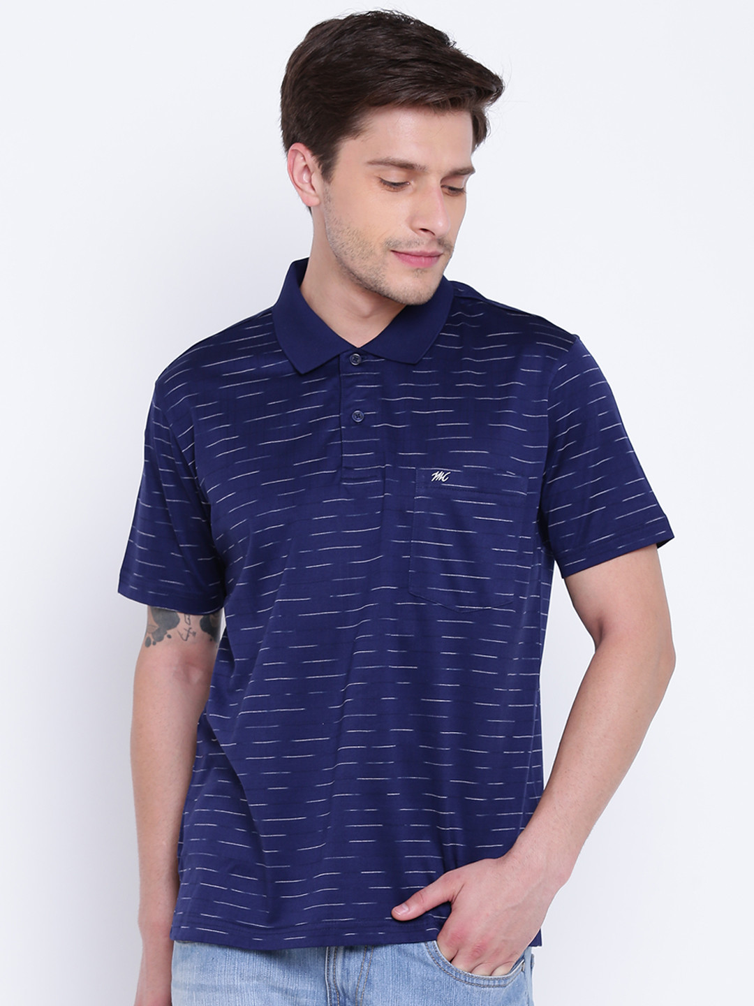 Buy Monte Carlo Men Blue Striped Polo Collar Pure Cotton T Shirt
