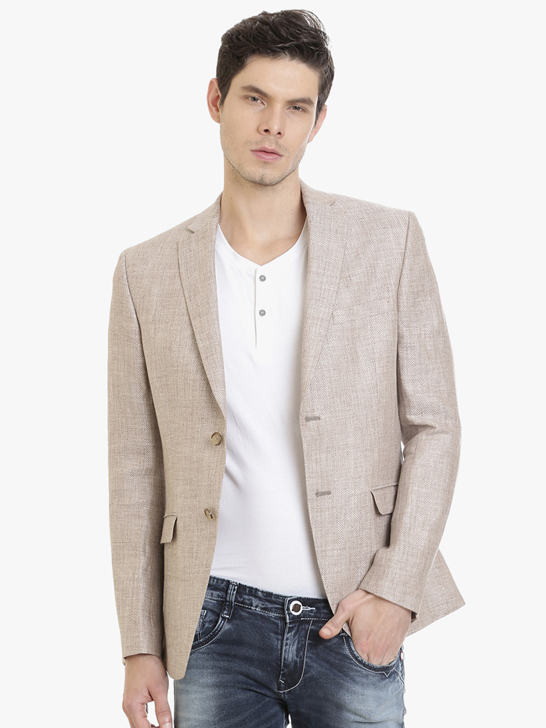 Buy SUITLTD Men Beige Solid Slim Fit Single Breasted Casual Linen