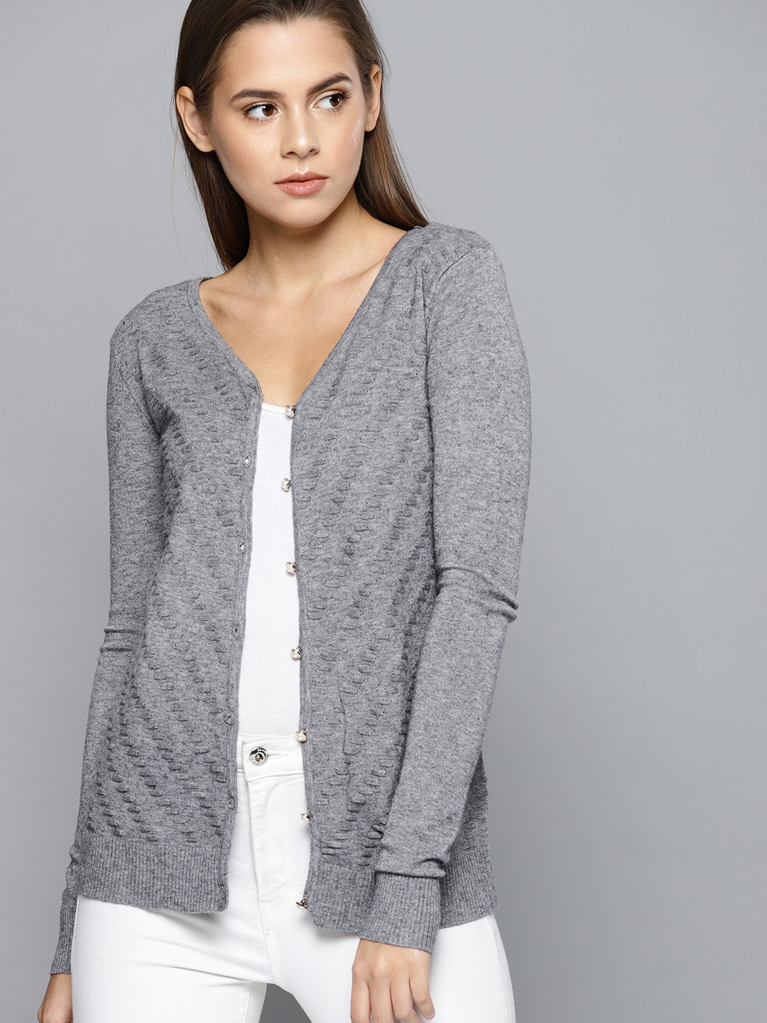 Buy Chemistry Women Grey Melange Self Design Cardigan Sweater ...