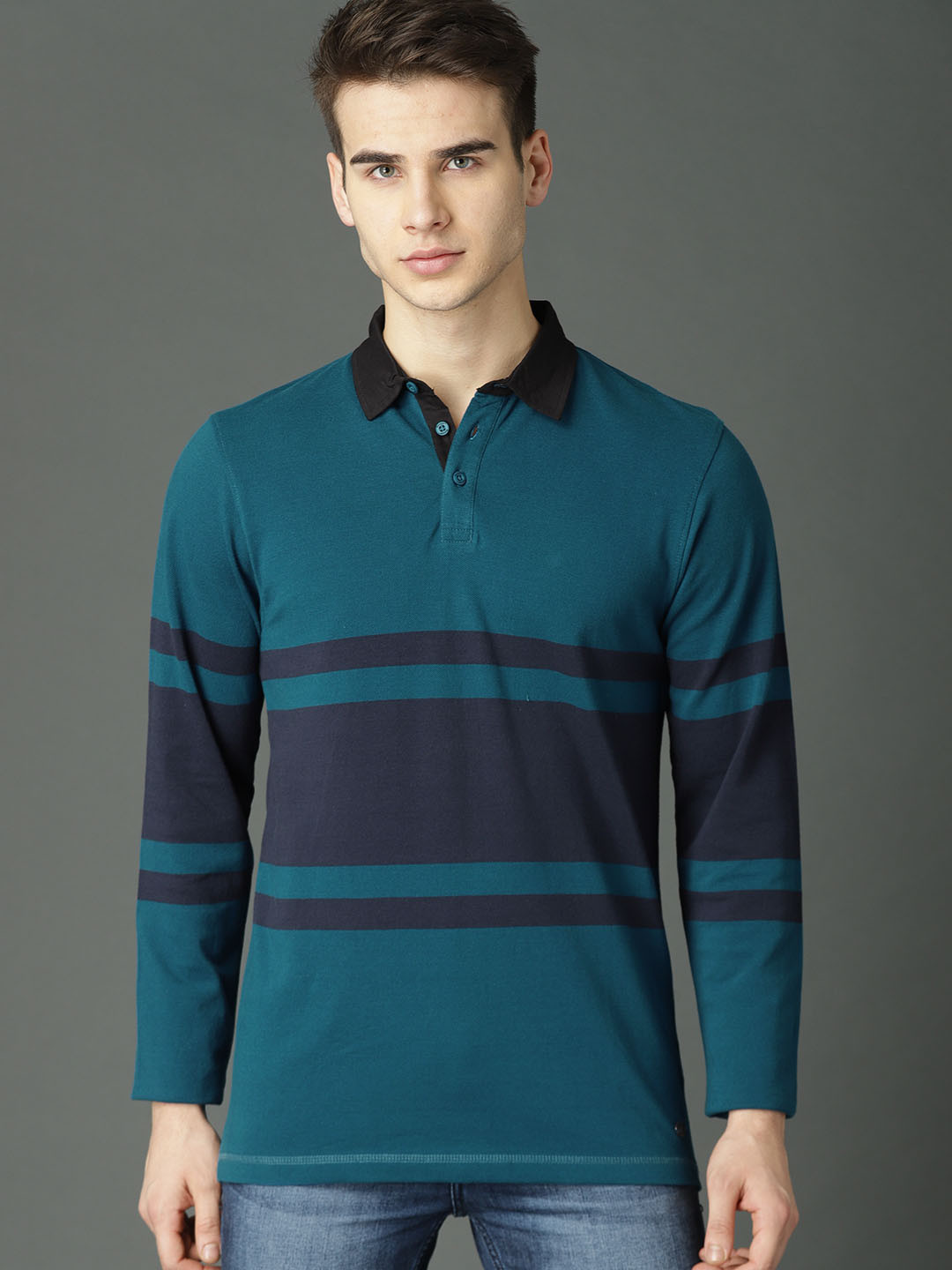 Buy Roadster Men Teal Blue Striped Polo Collar Pure Cotton T Shirt