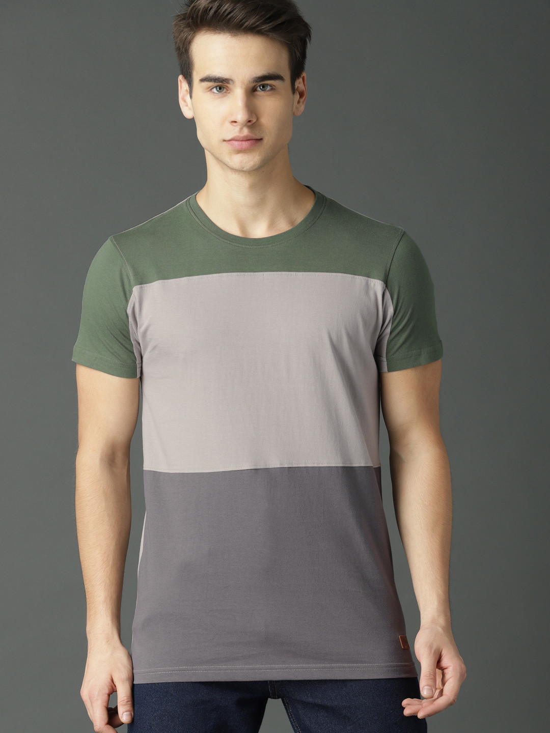 Buy Roadster Men Grey Olive Green Colourblocked Round Neck Pure Cotton