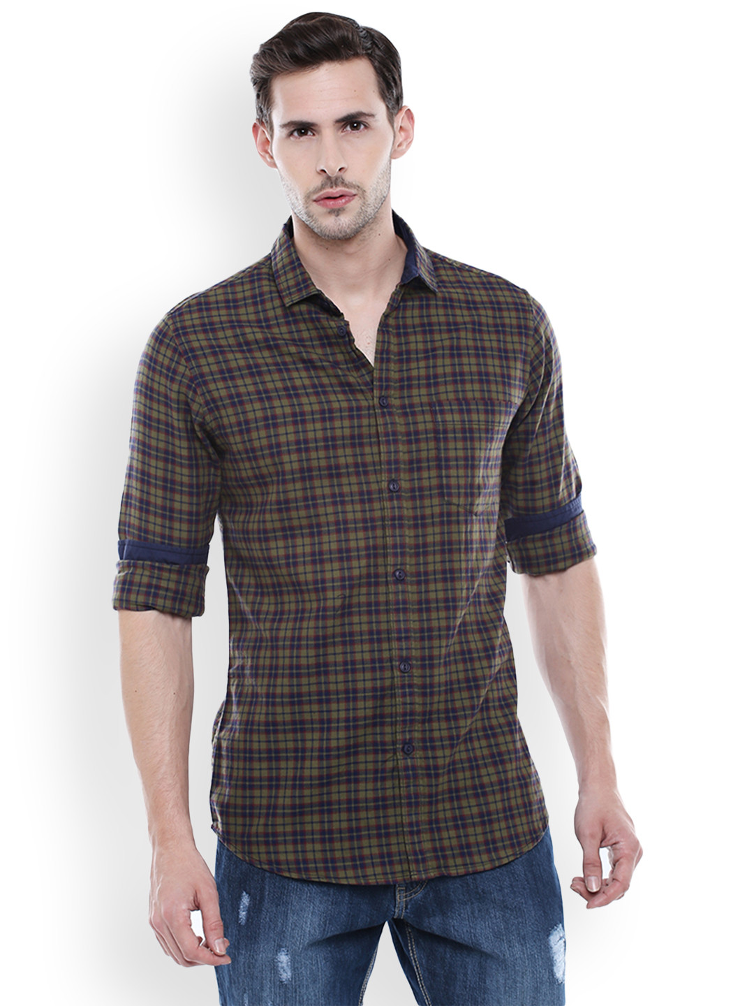 Buy Dennis Lingo Men Olive Green & Navy Blue Slim Fit Checked Casual Shirt - Shirts for Men 