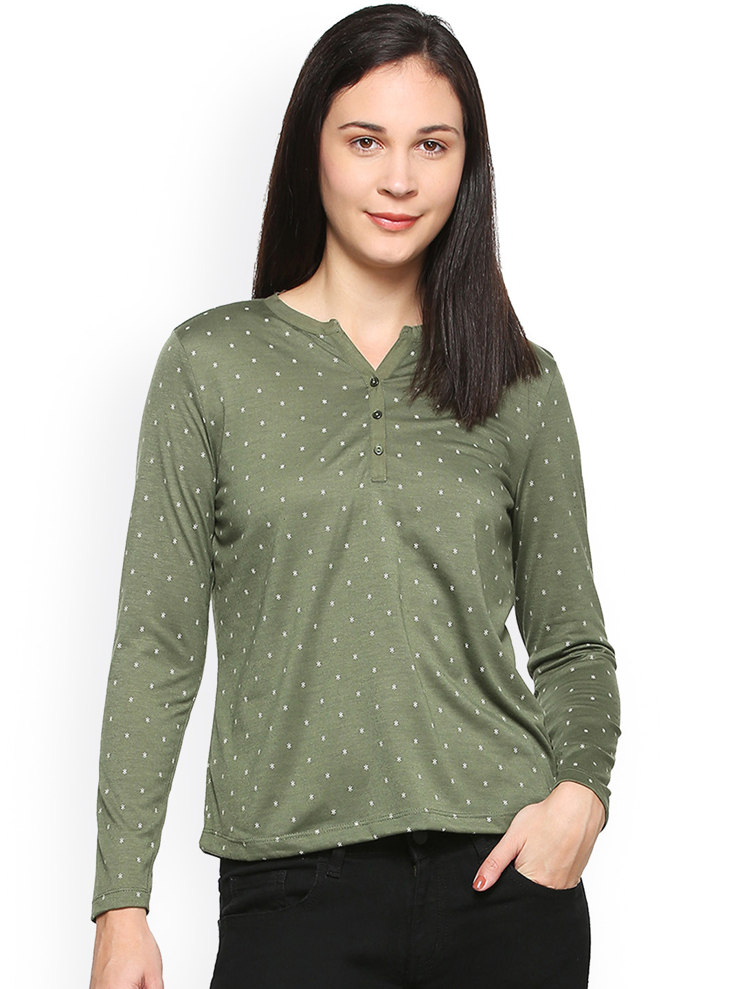Buy People Women Olive Green Printed Henley Neck T Shirt Tshirts for