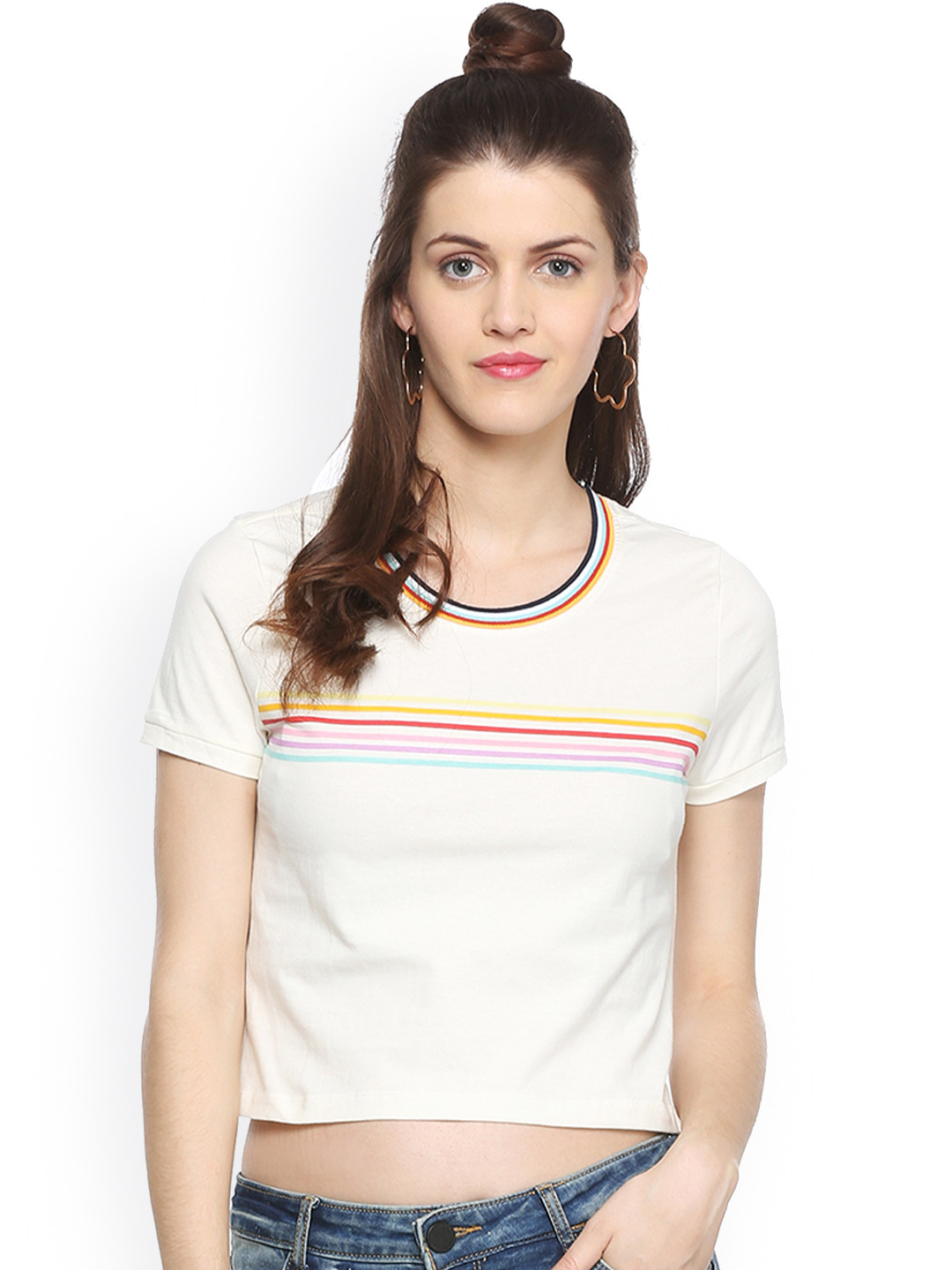 Buy People Women White Striped Round Neck Crop T Shirt Tshirts for