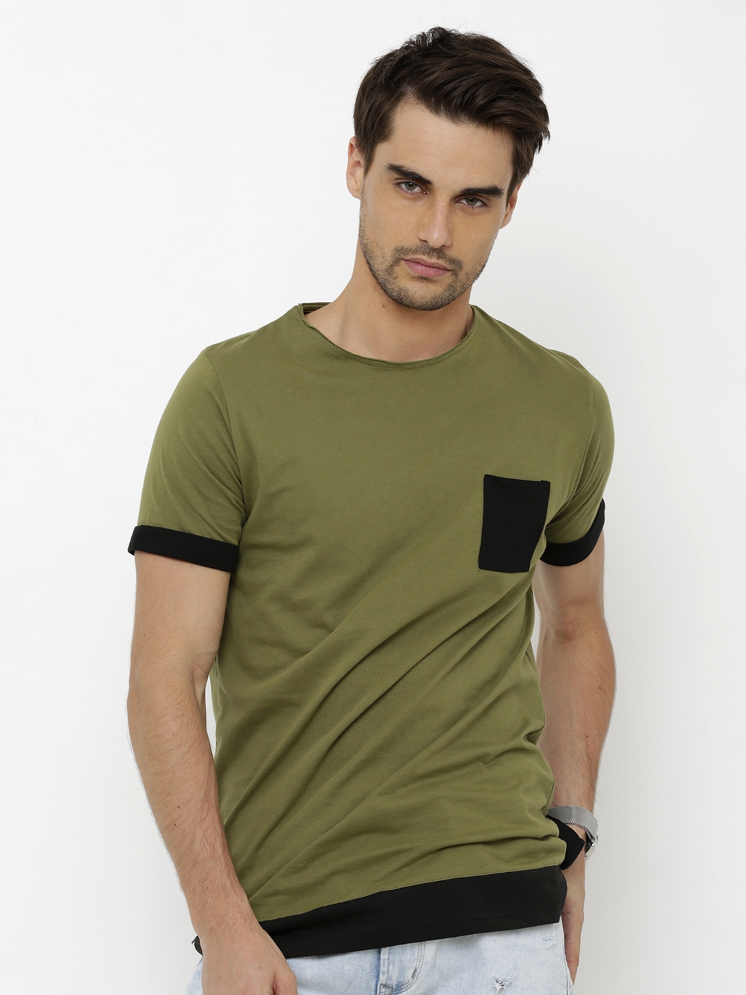 Buy URBAN ESTILO Men Olive Green Solid Round Neck T Shirt - Tshirts for ...