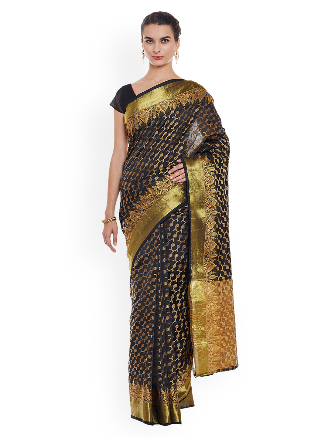Chhabra 555 Banarasi Chanderi Silk Orange Saree with Thick Zari Border with Contrast Brocade Blouse