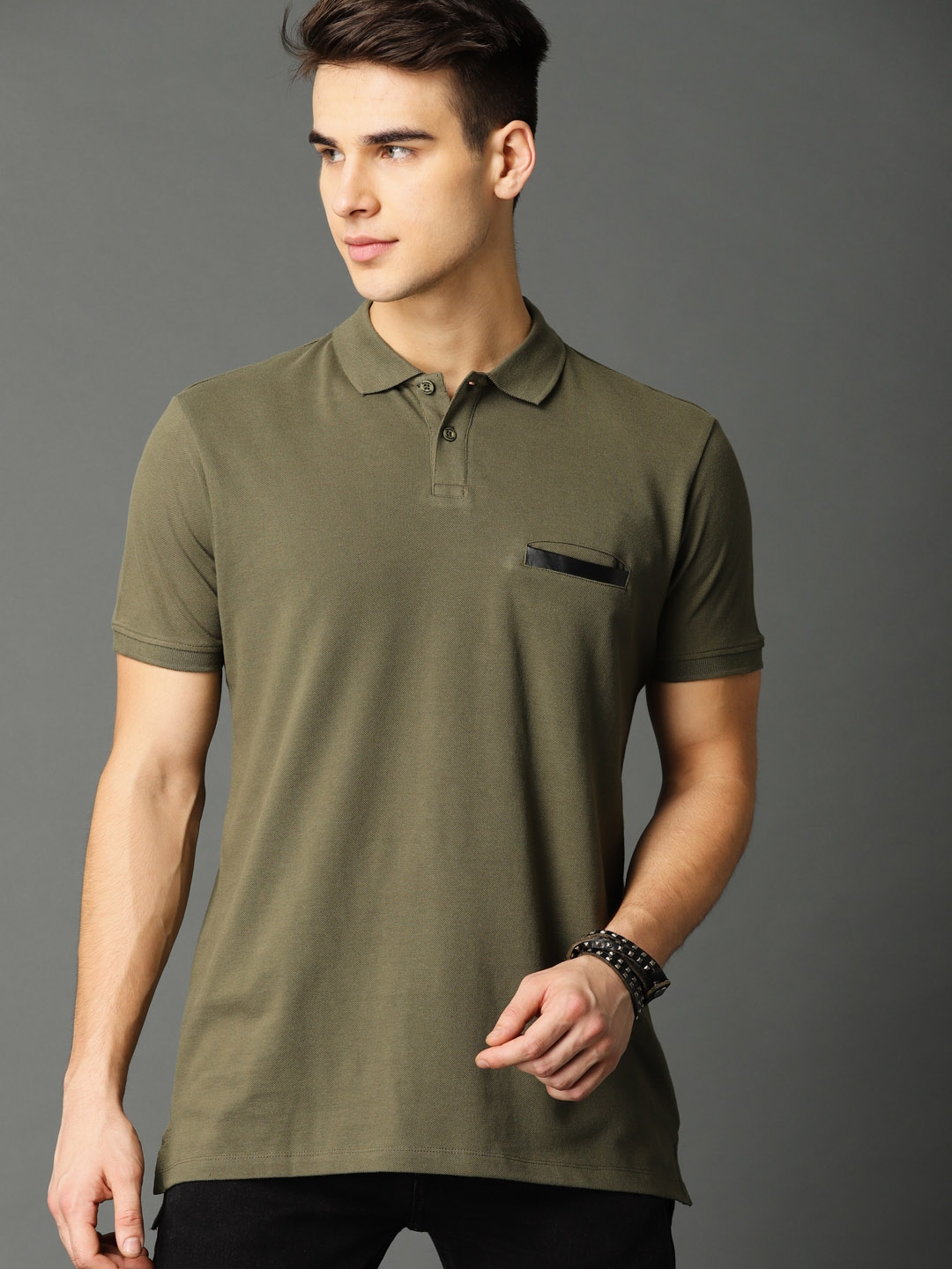 Buy Roadster Men Olive Green Solid Polo Collar Pure Cotton T Shirt ...