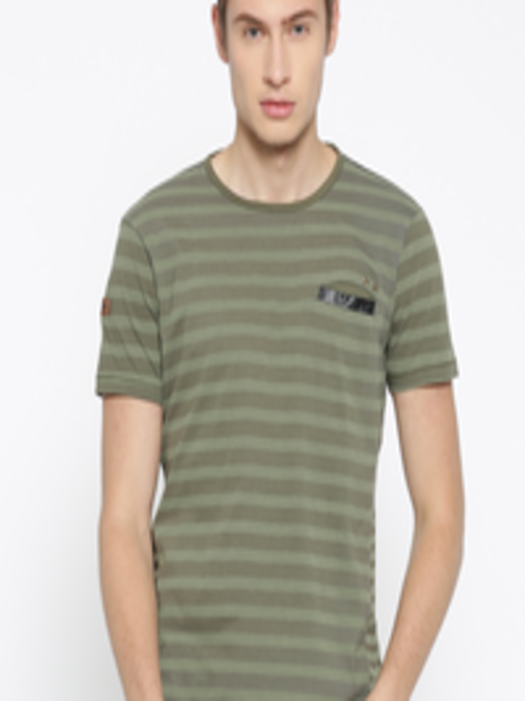 Buy Roadster Men Olive Green Striped Round Neck T Shirt - Tshirts for ...