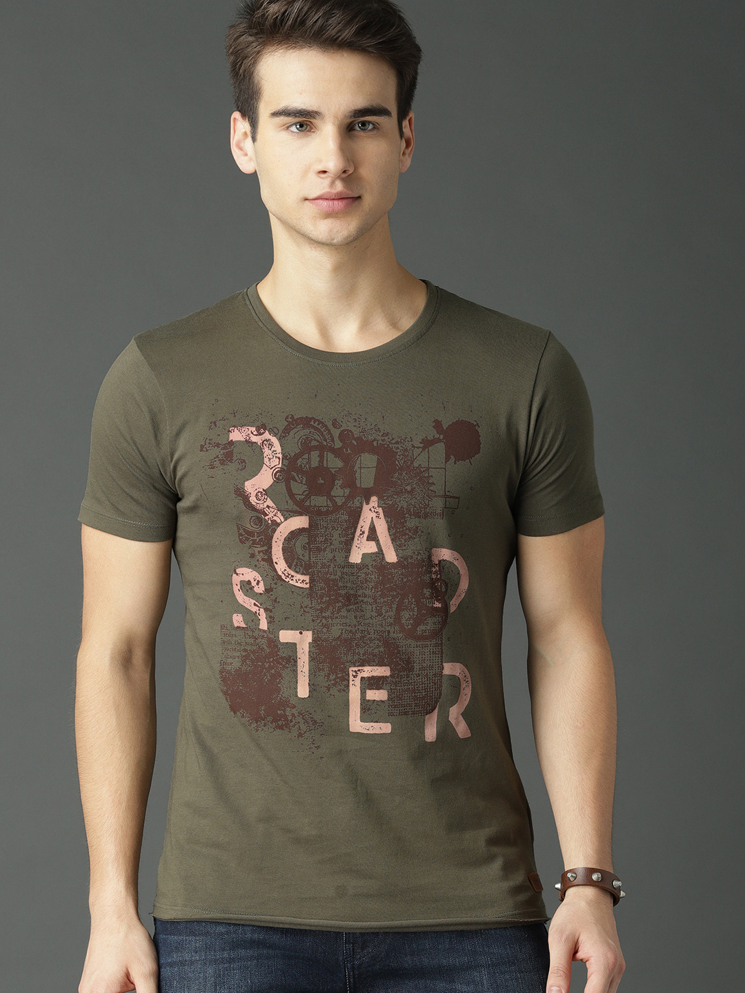 Buy Roadster Men Olive Green Printed Round Neck Pure Cotton T Shirt