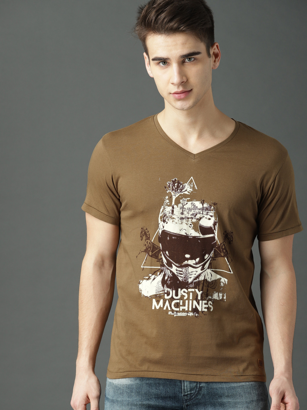 Buy Roadster Men Olive Green Printed V Neck T Shirt Tshirts for Men