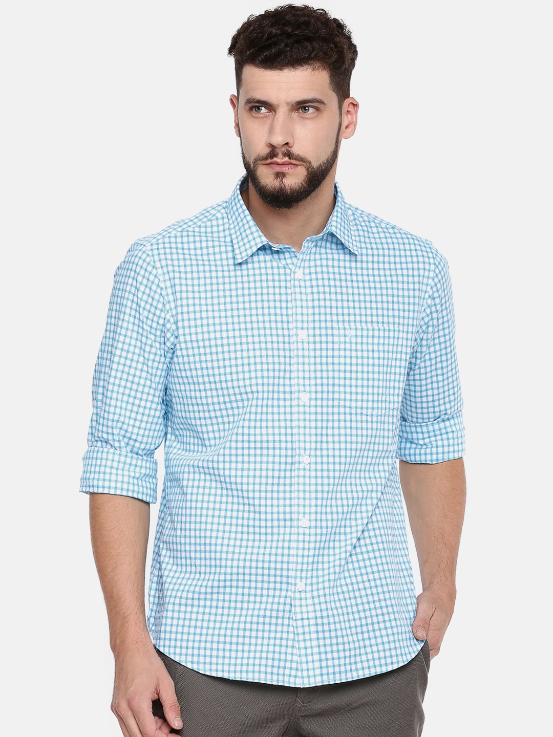 Buy Indian Terrain Men Blue & White Slim Fit Checked Casual Shirt ...