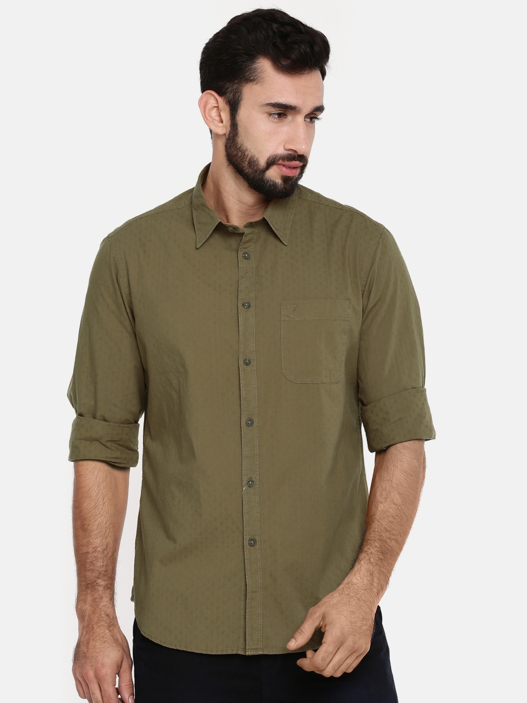 Buy Indian Terrain Men Olive Green Regular Fit Self Design Casual Shirt ...