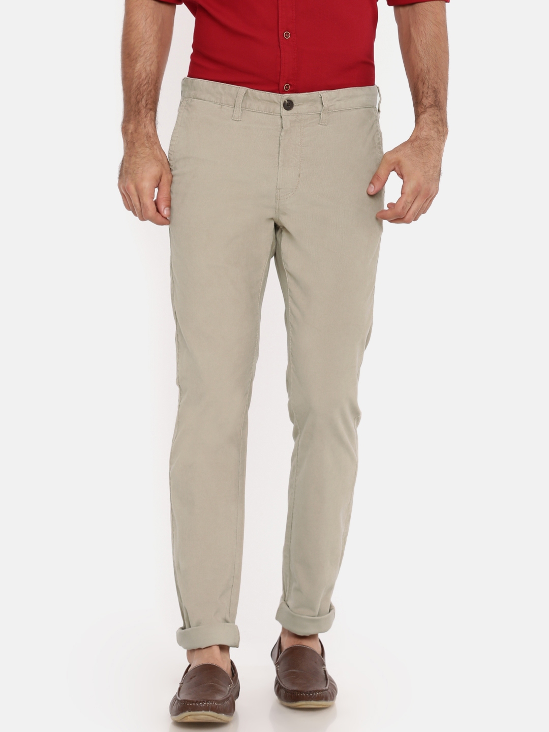Buy Indian Terrain Men Beige Brooklyn Slim Fit Solid Corduroy Trousers ...