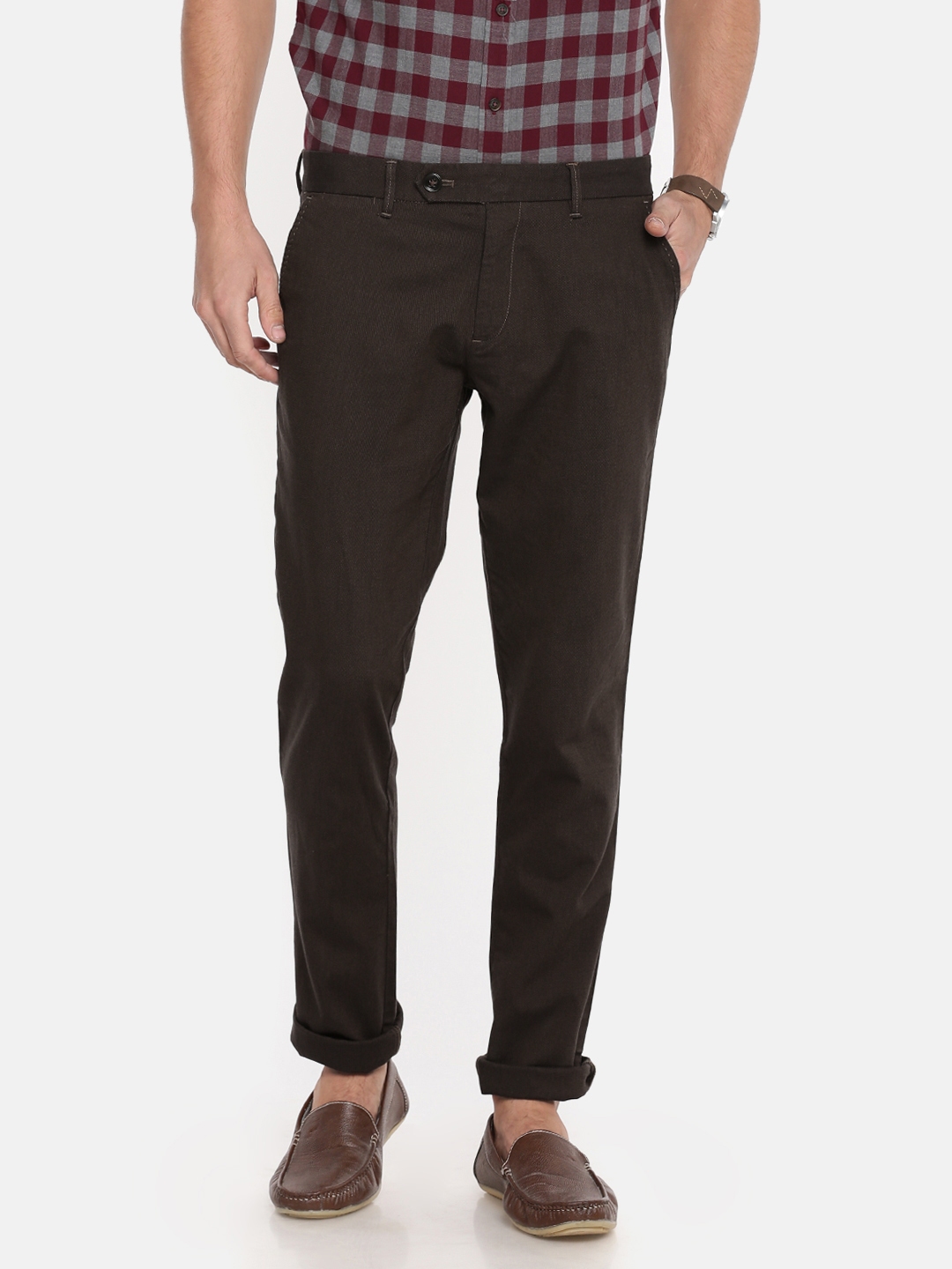 Buy Indian Terrain Men Brown Urban Slim Fit Solid Regular Trousers ...