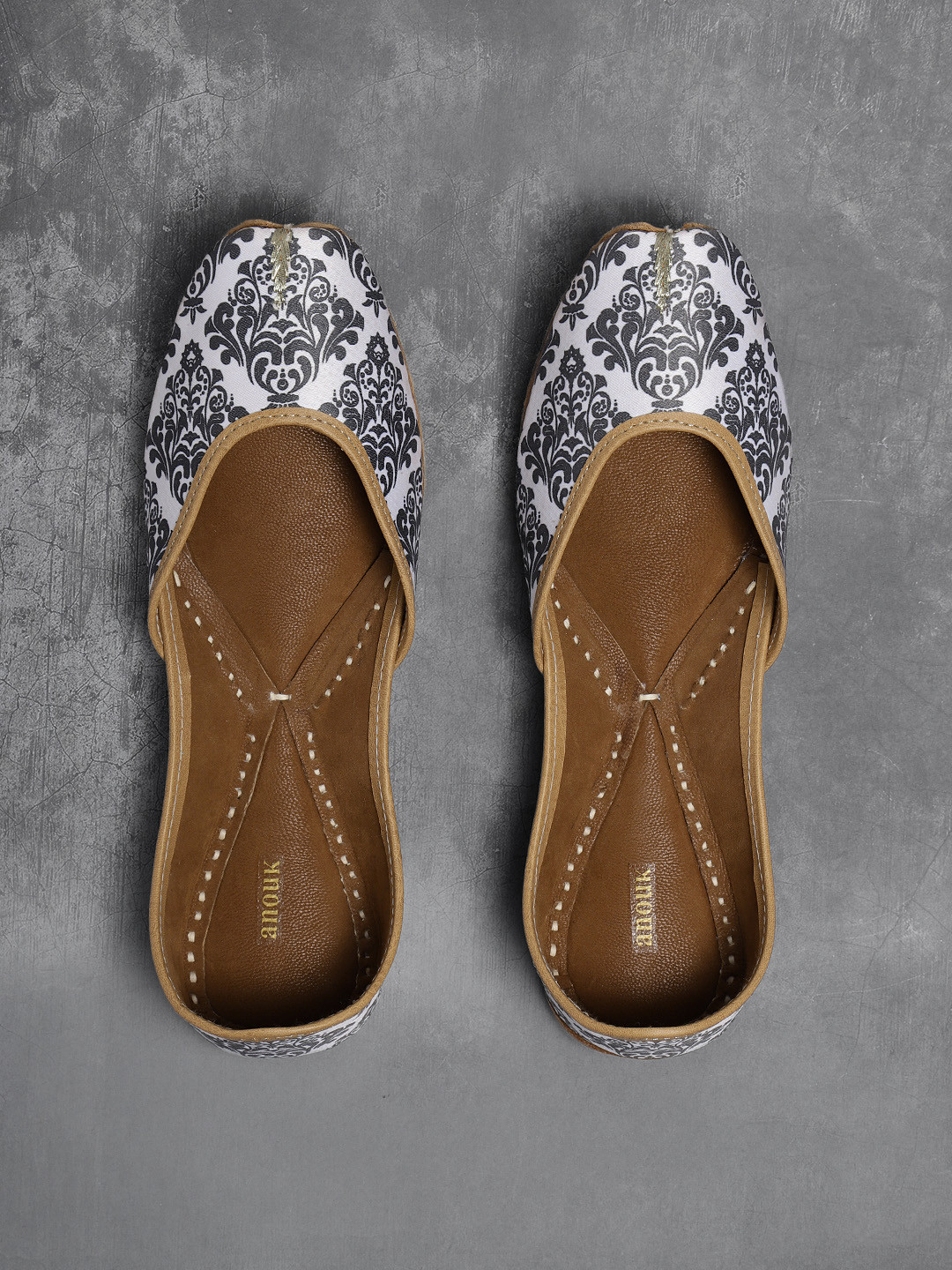 Buy Anouk Women Off White & Charcoal Grey Printed Mojaris Flats for