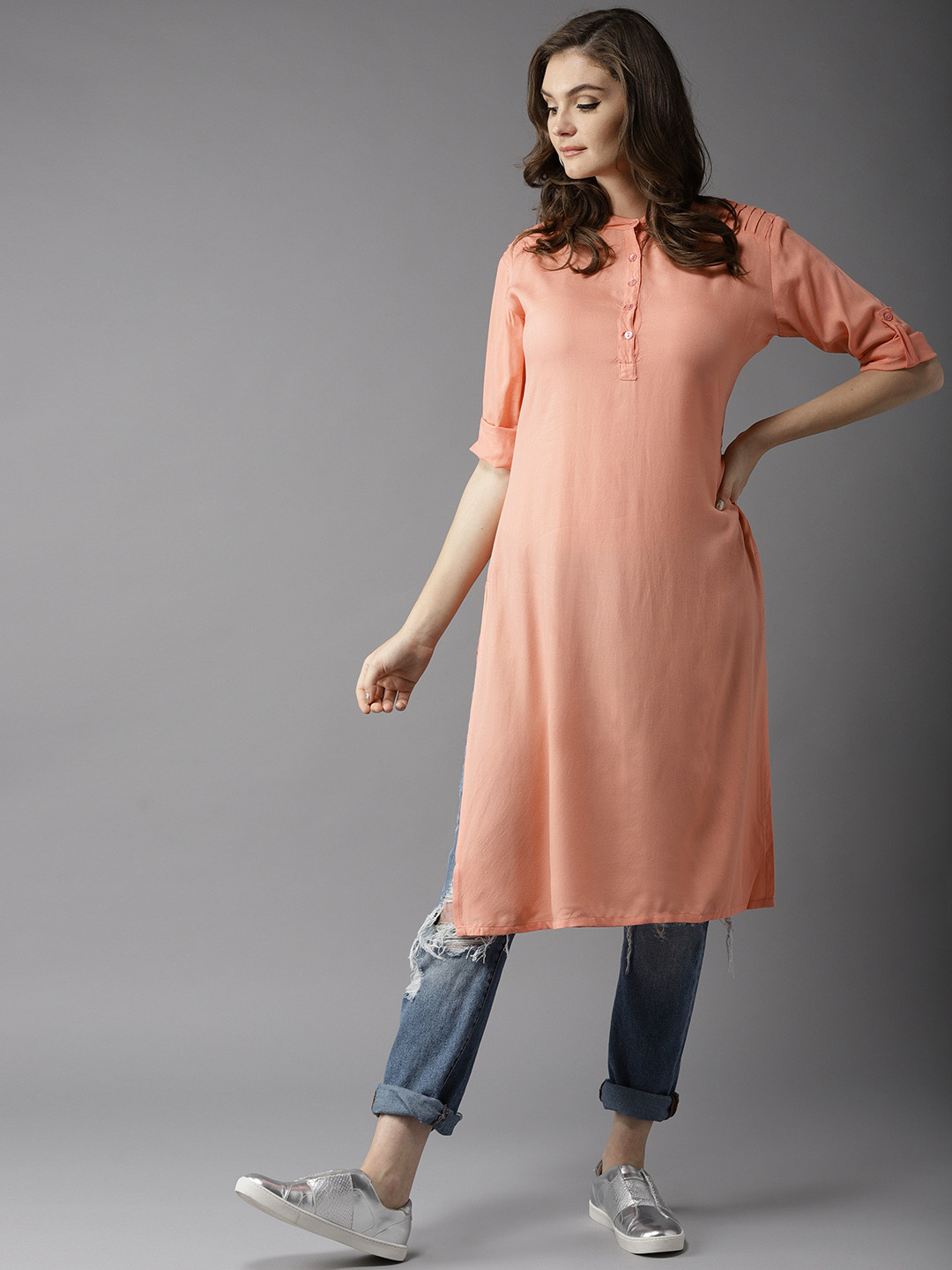 Women Peach-Coloured & Grey Floral Print Off-Shoulder Straight Kurta