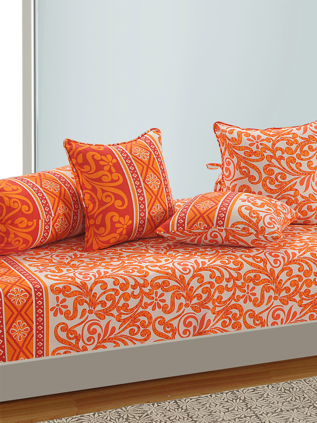 Buy SWAYAM White And Oarnge Printed 144 TC Diwan Set With Bolster And