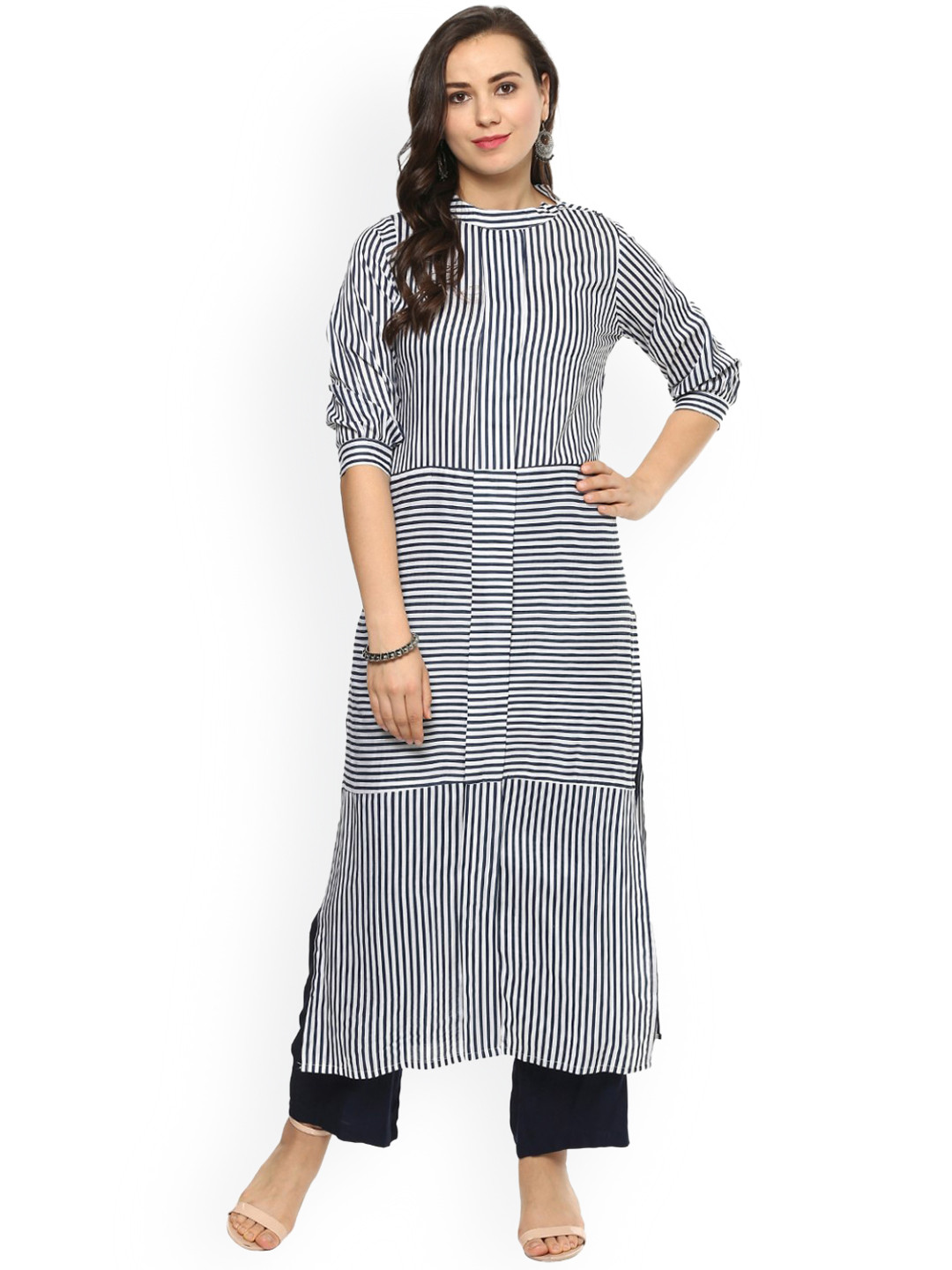 Buy Idalia Women Blue & White Striped Straight Kurta Kurtas for Women 6742735 Myntra