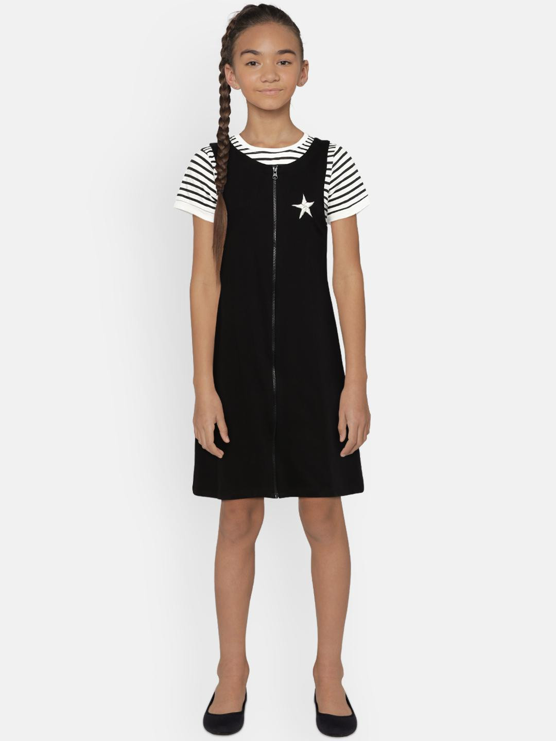 Buy YK Girls Black Solid T Shirt Dress With Striped T Shirt Dresses