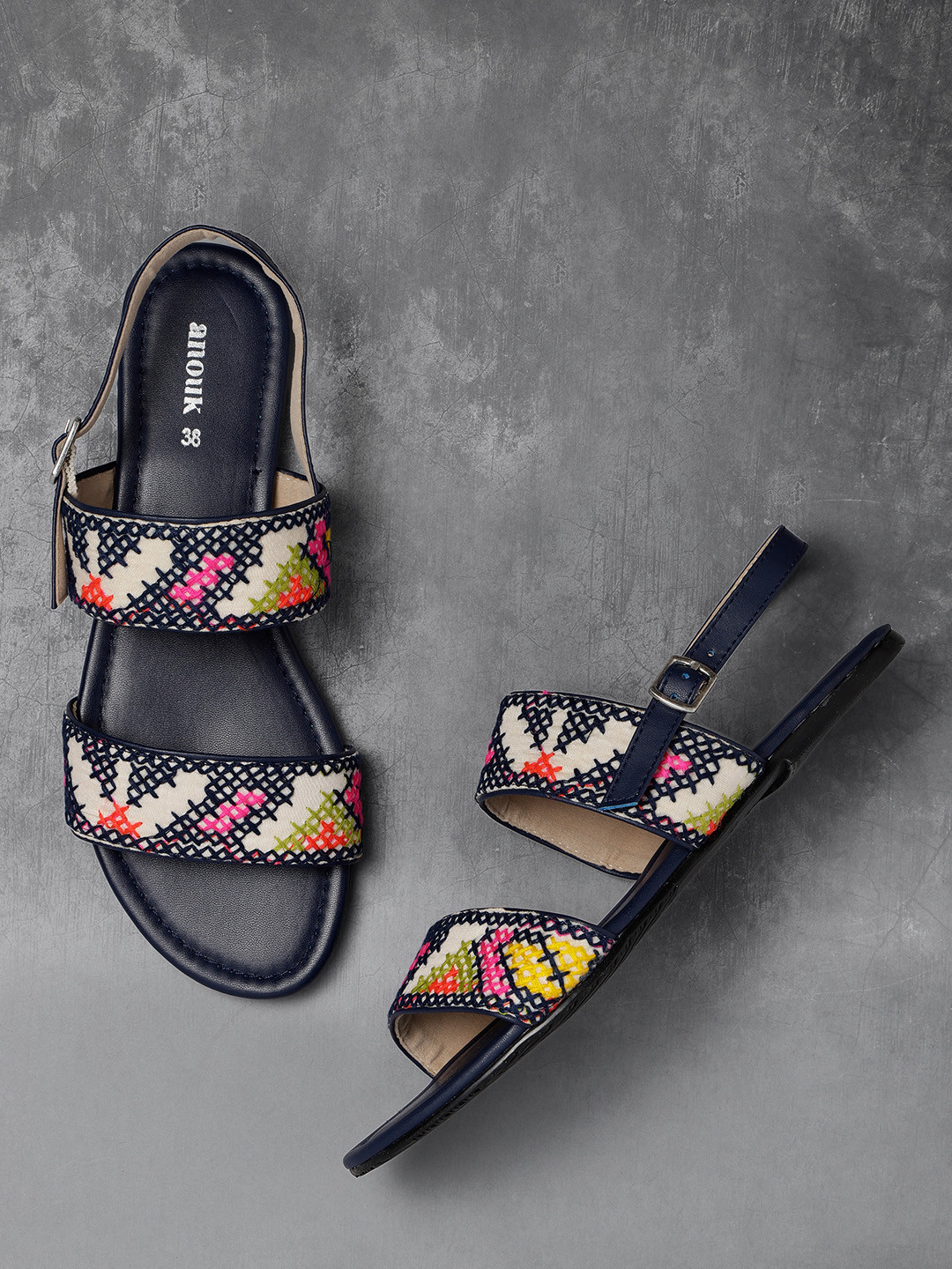 Buy Anouk Women Navy Blue & Off White Woven Design Open Toe Flats