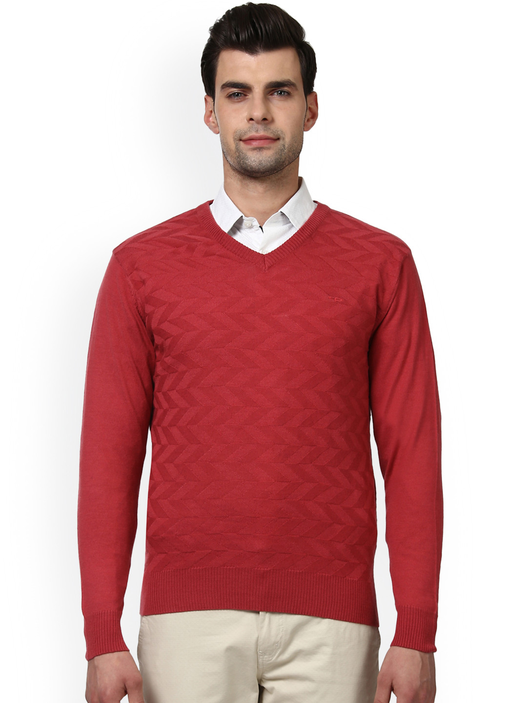 Buy ColorPlus Men Red Self Design Pullover Sweaters for Men 6762478