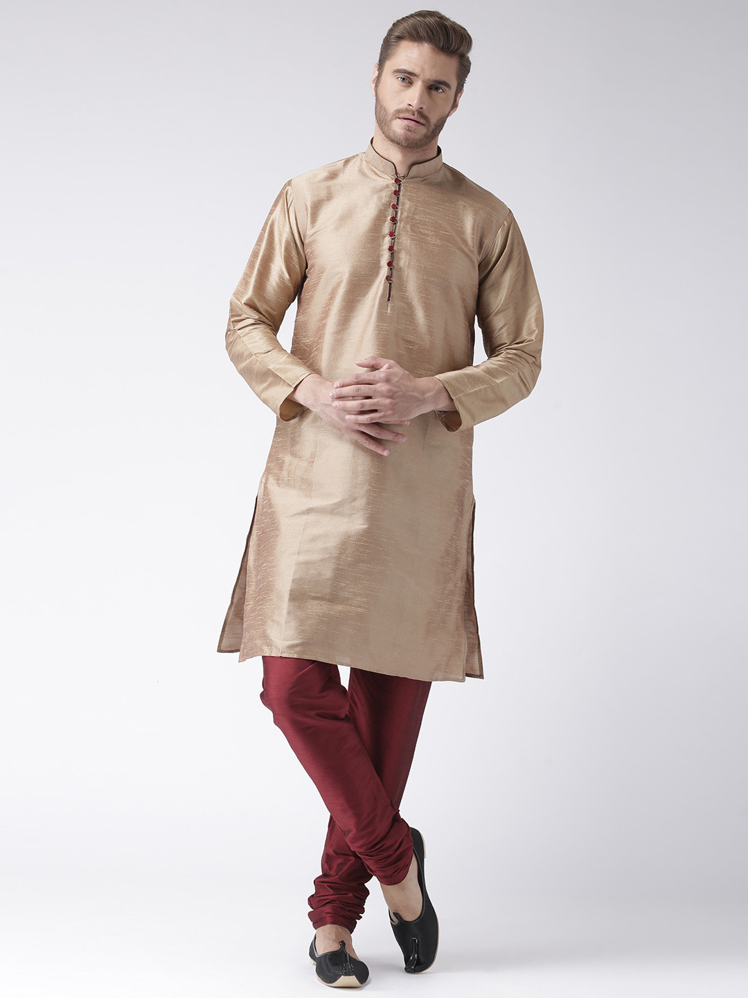 Buy Hangup Men Gold Toned & Maroon Solid Kurta With Churidar Kurta