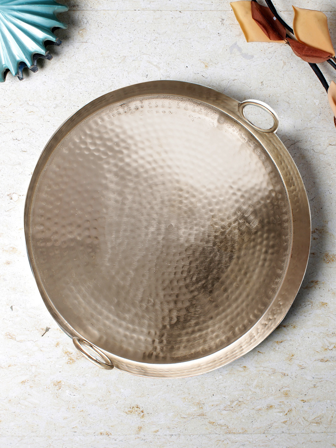 Buy HOME DECOR INDIA Metal Hammered Round Tray With Handle Trays for