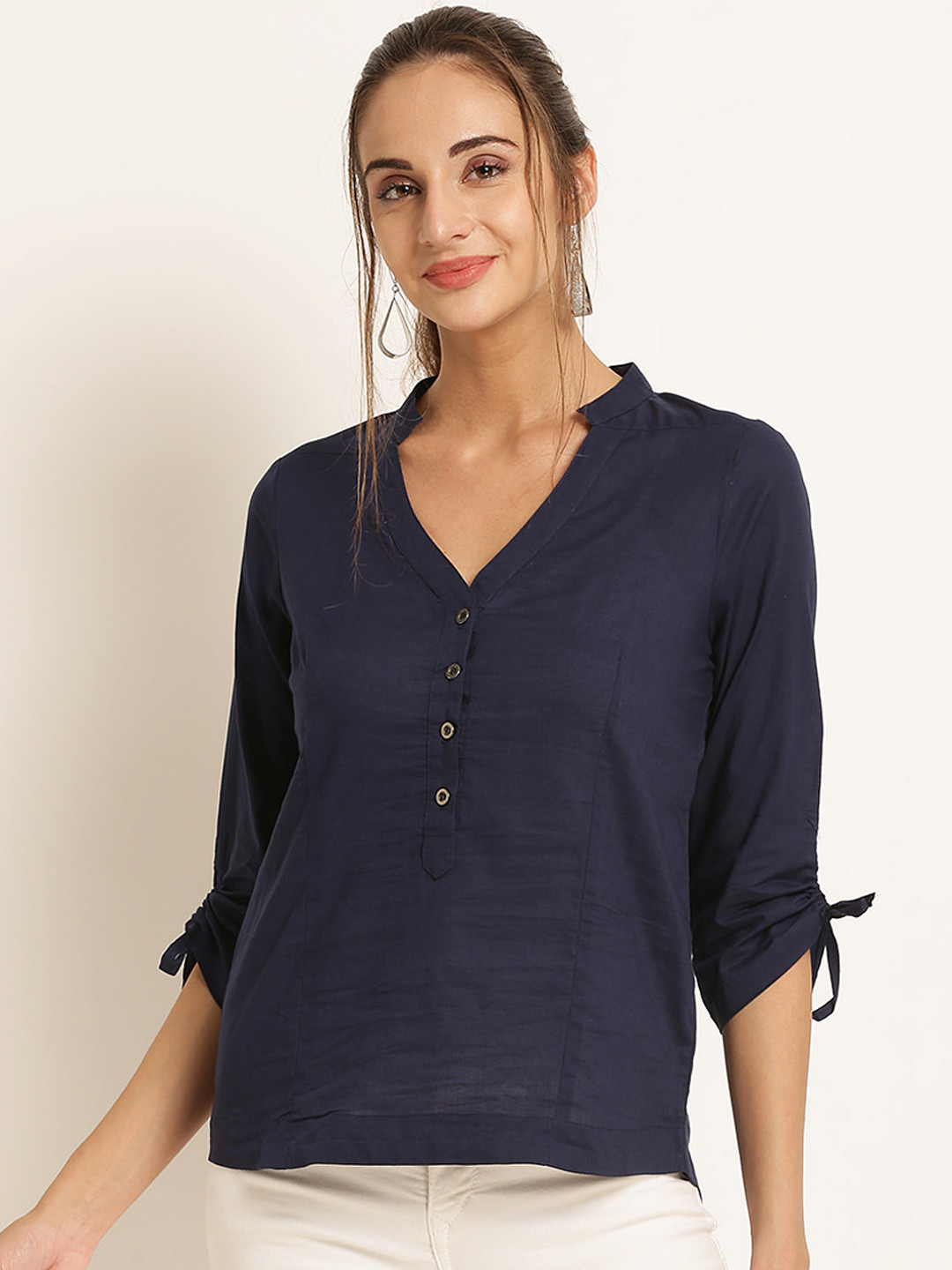 Buy Harpa Women Navy Blue Solid Pure Cotton Top Tops for Women