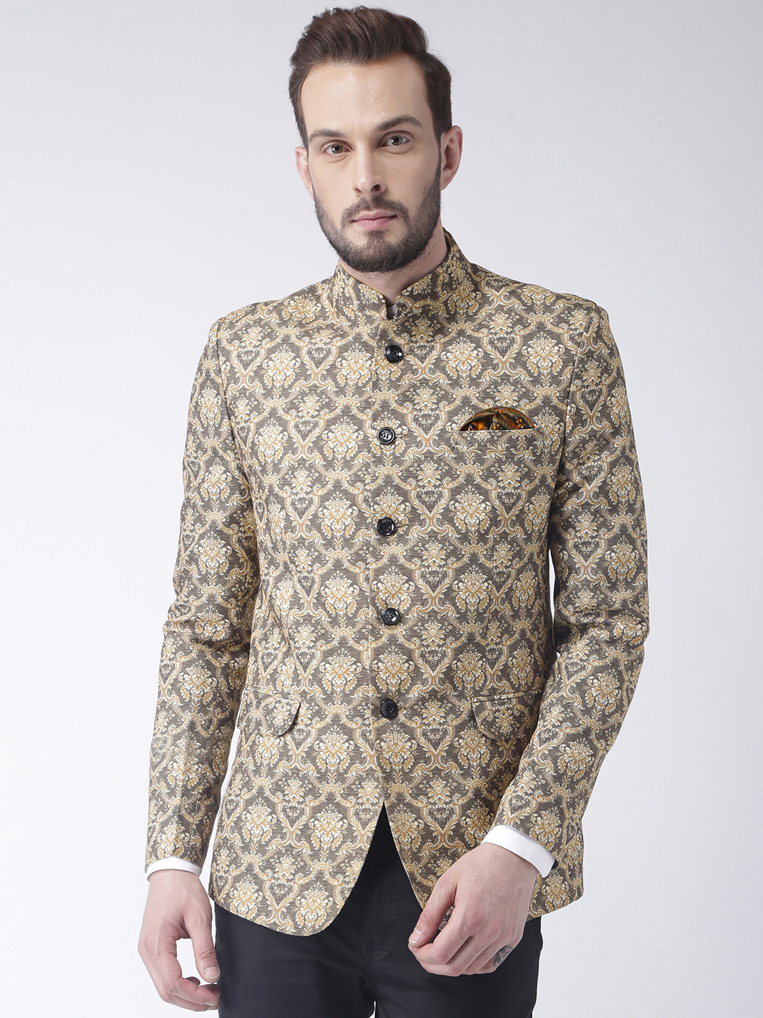 Men's Grey Printed Bandhgala Cotton Casual Blazer