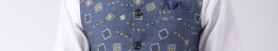 Buy Hangup Men Blue Geometric Print Nehru Jacket - Nehru Jackets for ...