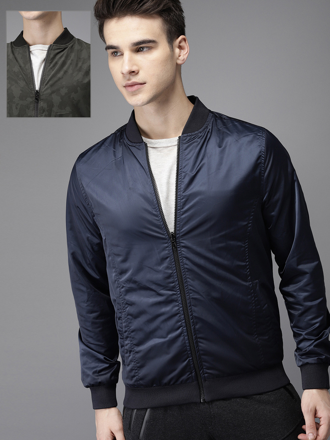 Buy HERE&NOW Men Navy Blue & Olive Green Solid Reversible Bomber Jacket