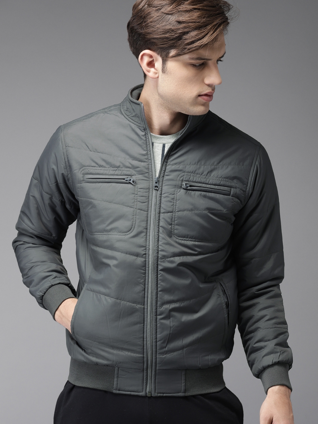Buy HERE&NOW Men Grey Solid Bomber - Jackets for Men 6786845 | Myntra