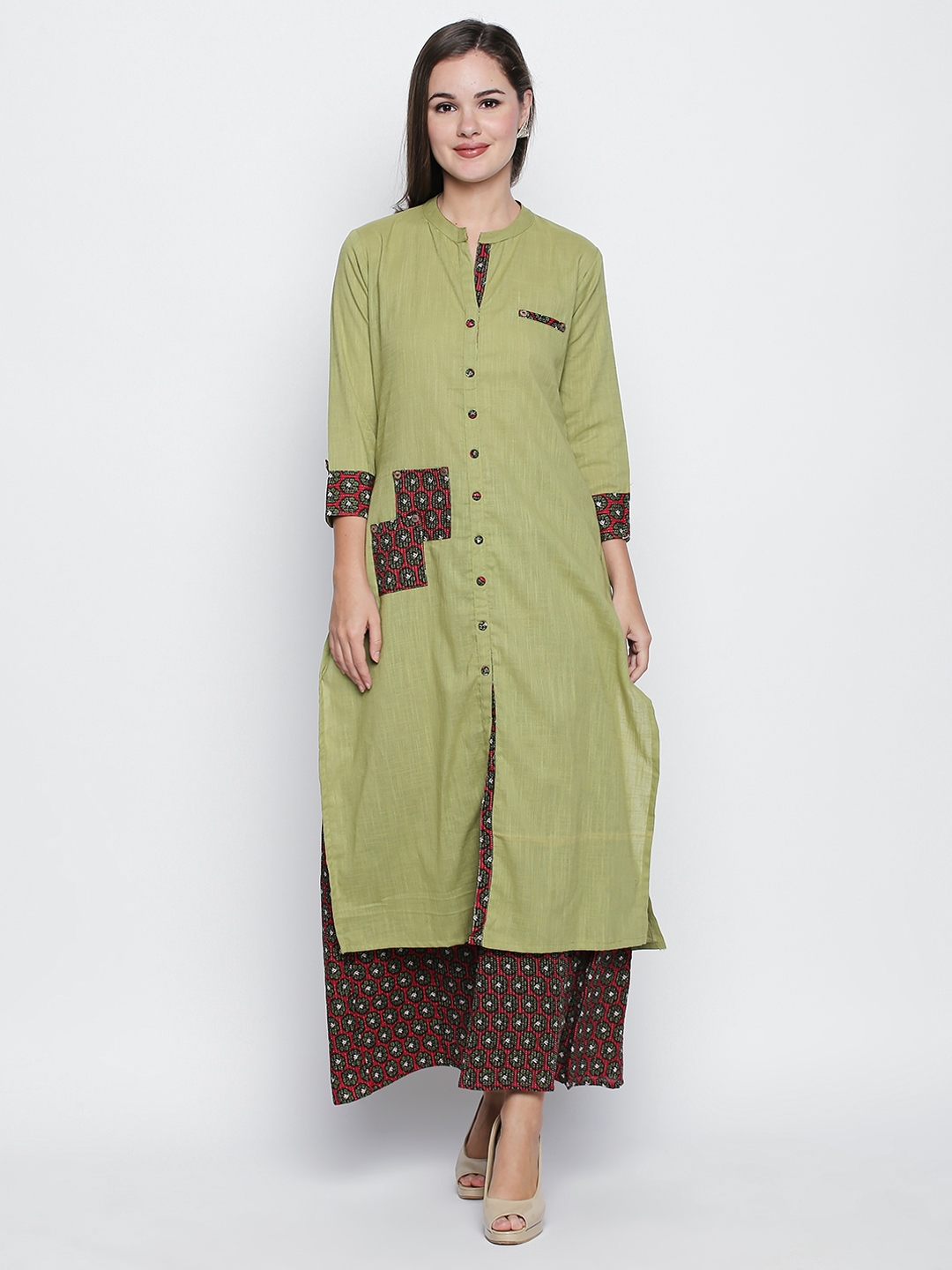 Buy Ishin Women Green & Brown Solid Kurta With Palazzos - Kurta Sets ...