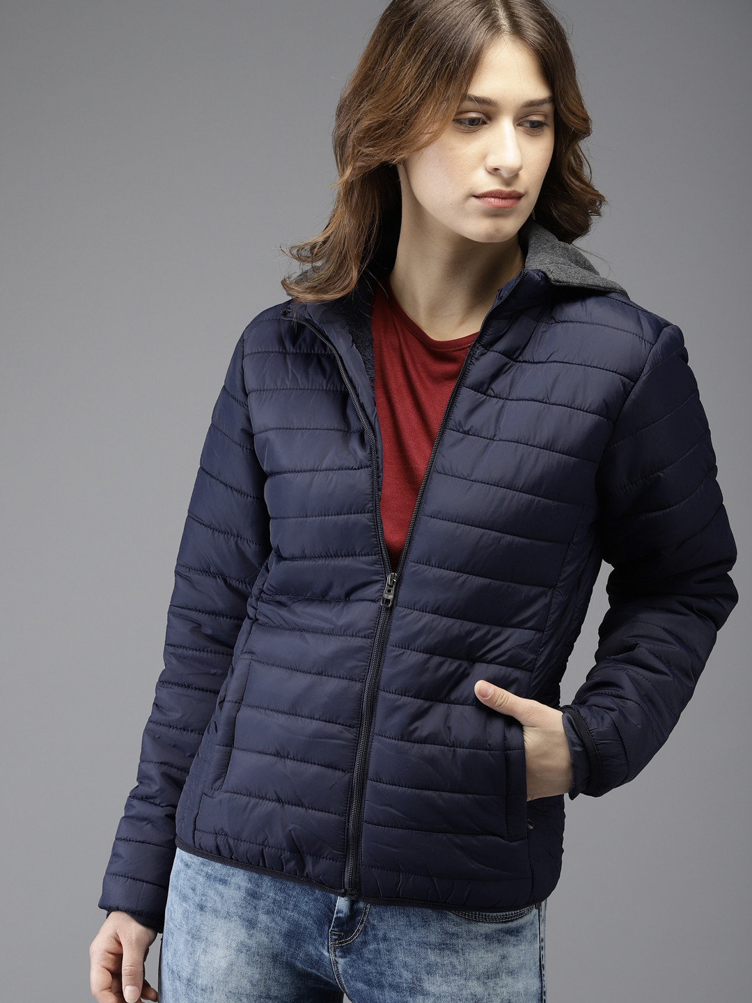 Buy HERE&NOW Women Navy Blue Solid Padded Jacket Jackets for Women
