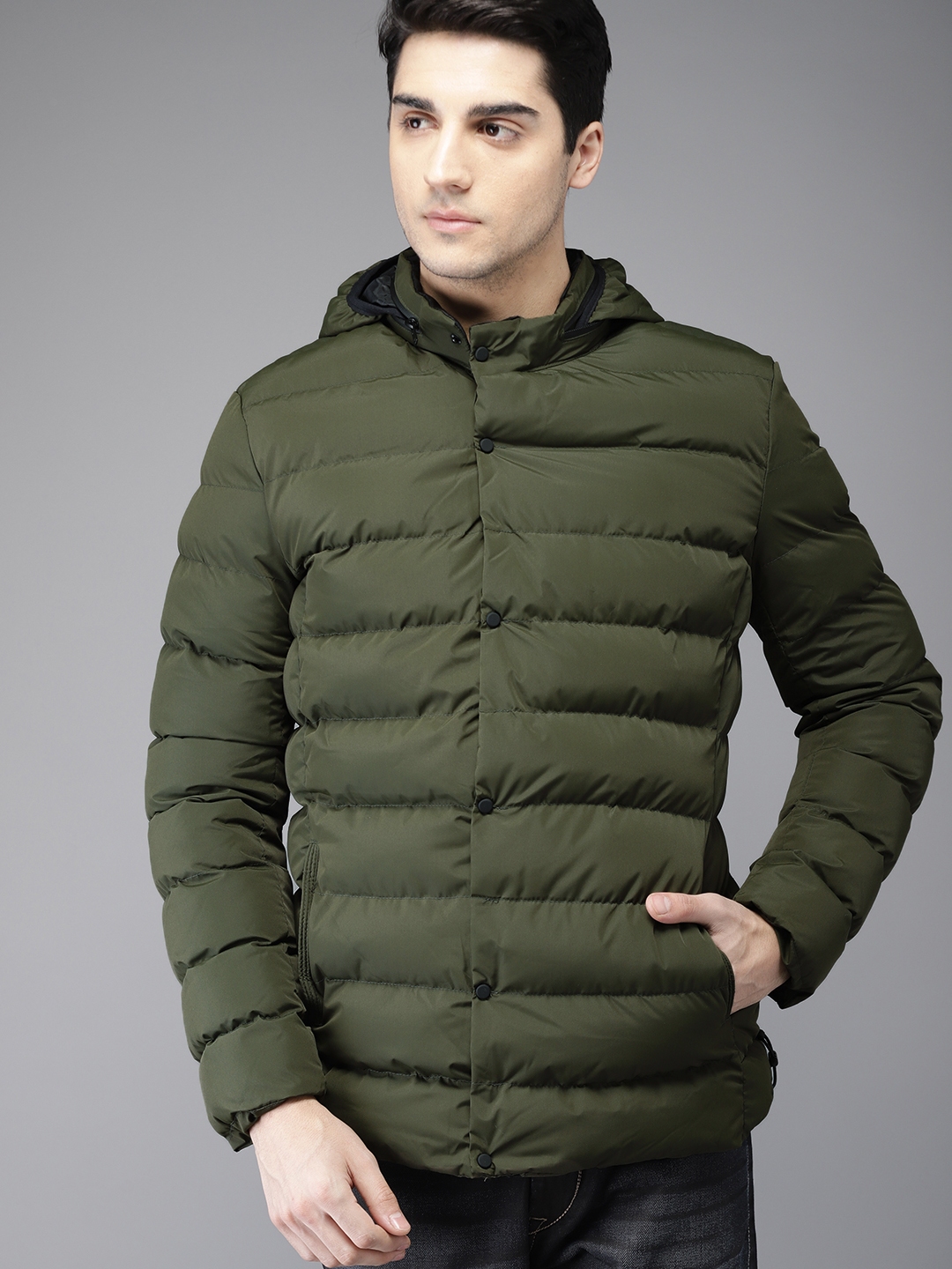 Buy HERE&NOW Men Olive Green Solid Padded Hooded Jacket - Jackets for ...