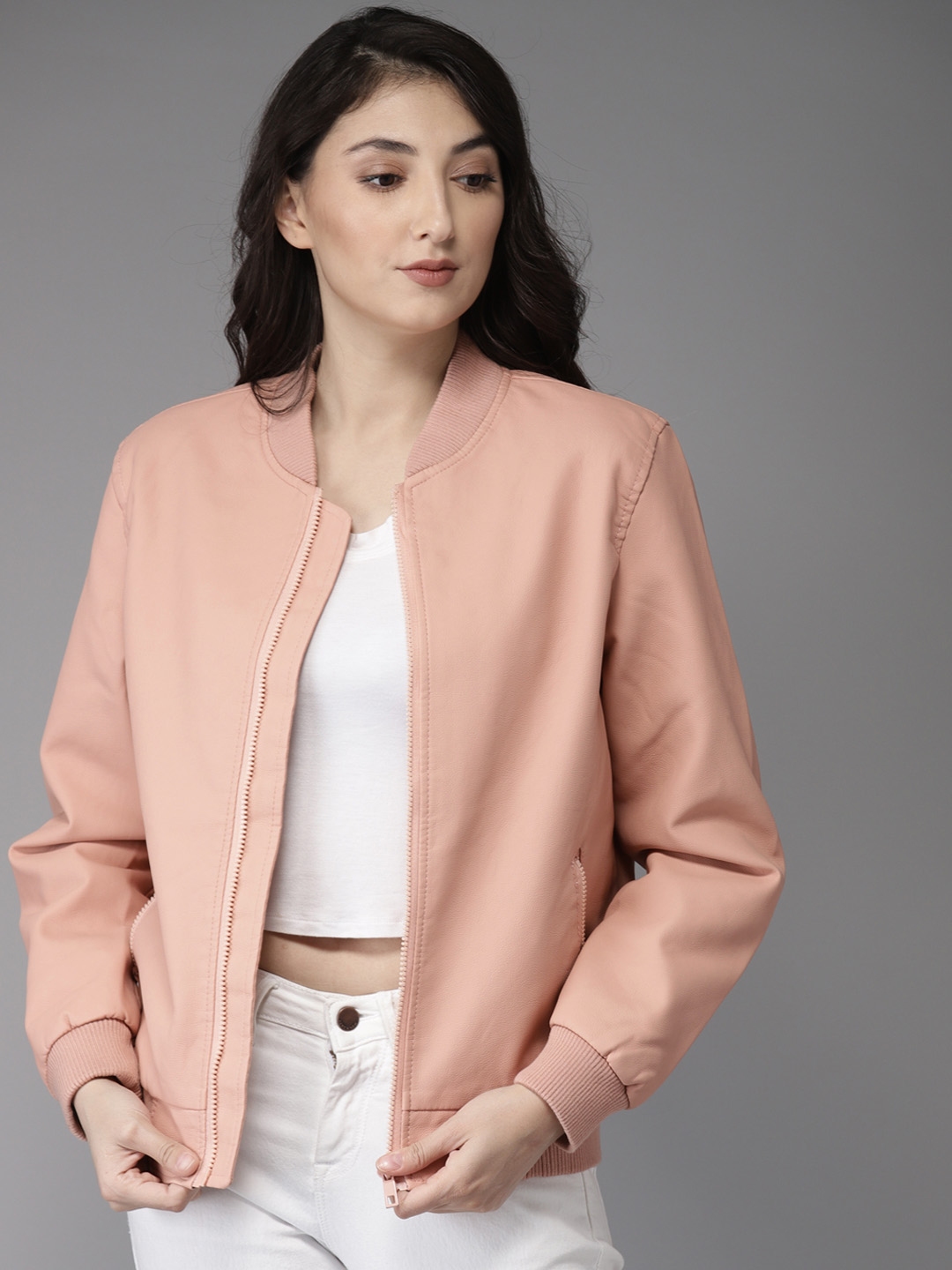 Buy HERE&NOW Women Peach Coloured Solid Bomber - Jackets for Women ...