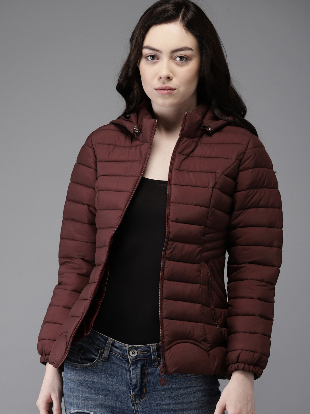 Buy HERE&NOW Women Maroon Solid Padded Jacket With Detachable Hood