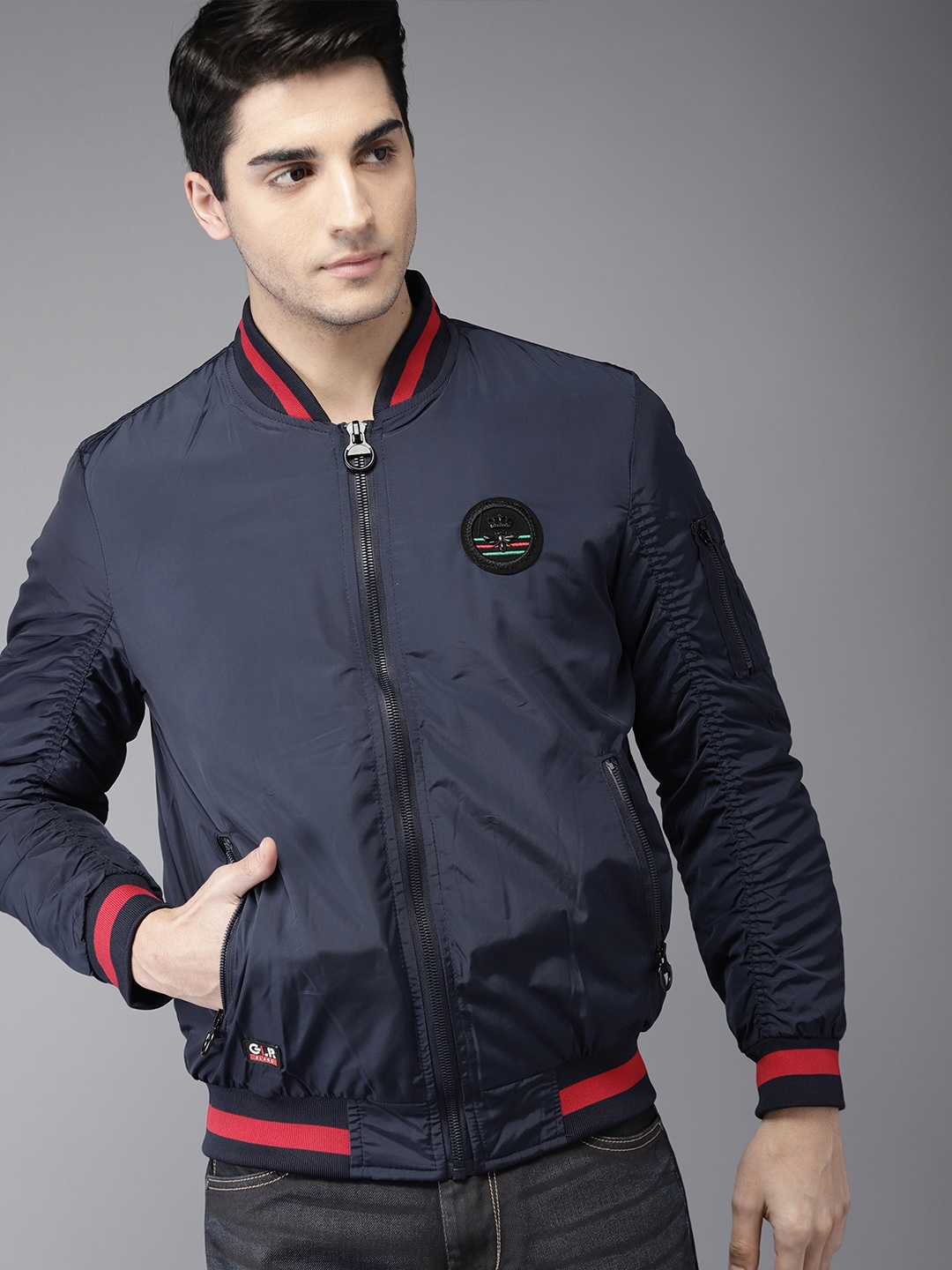 Buy HERE&NOW Men Navy Blue Solid Bomber - Jackets for Men 6789057 | Myntra