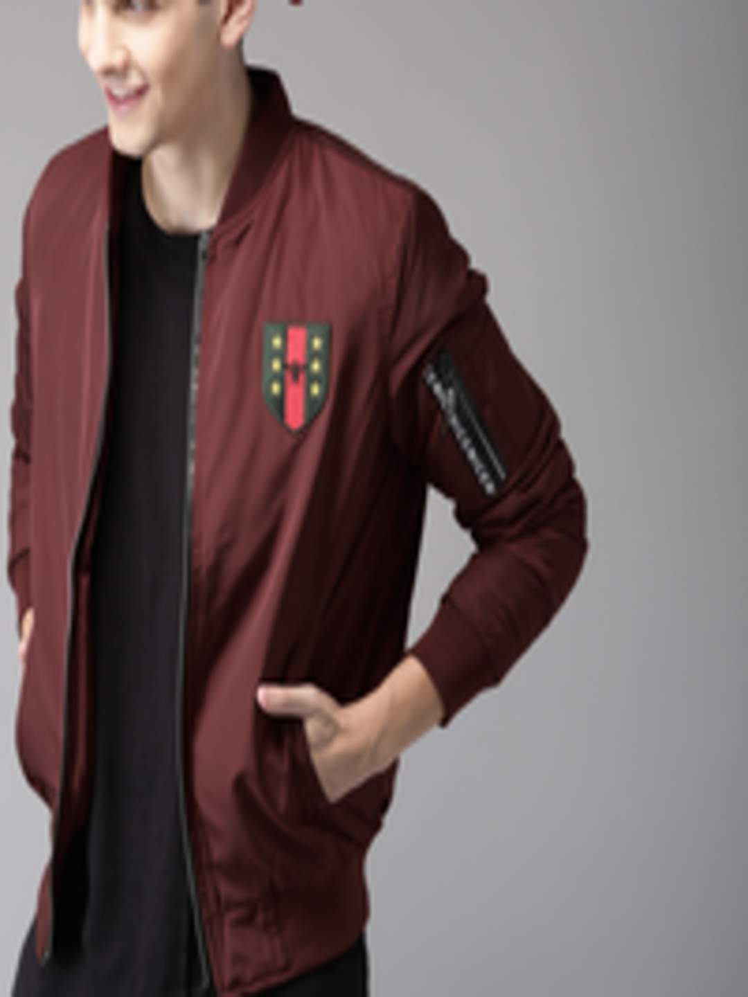Buy HERE&NOW Men Maroon Solid Bomber - Jackets for Men 6789103 | Myntra