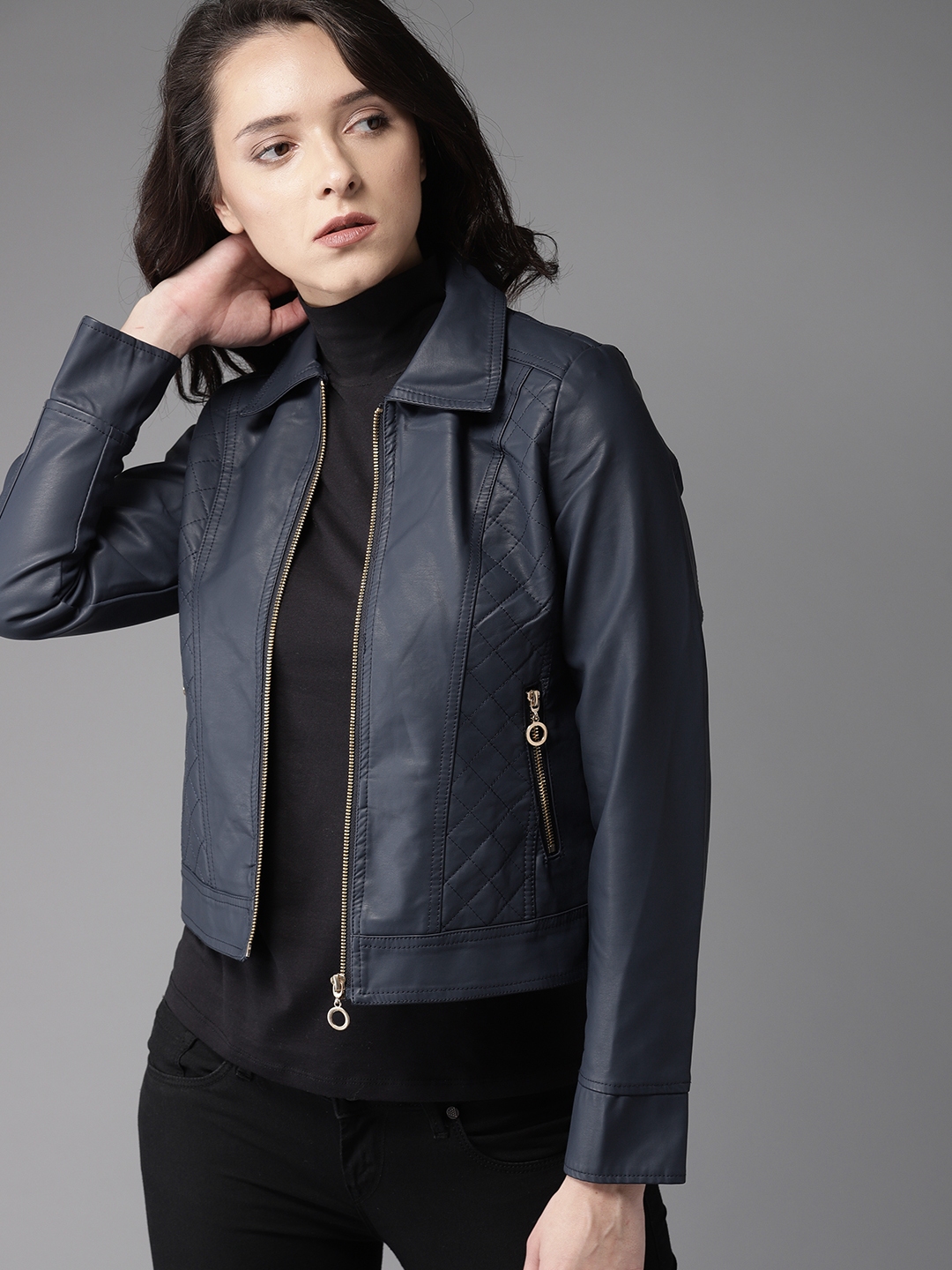Buy HERE&NOW Women Navy Solid Biker Jacket - Jackets for Women 6789136 ...